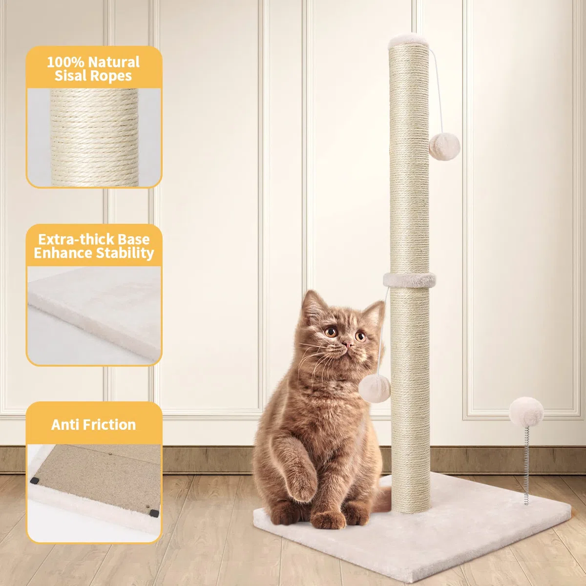 Dohump Tiragraffi per Gatti, 84cm Albero Tiragraffi per Gatti Adulti di Sisal Naturale con Palla Appesa, Base Pesante Ricoperta Morbida Peluche Liscia Per i Gattini, Beige