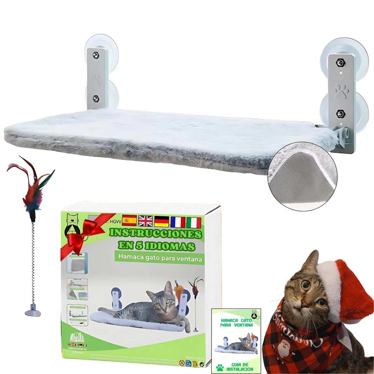 Amaca Gatto Finestra Pieghevole senza Cavi Letto per Gatto con Ventose Stabili Tappeto reversibile con Giocattolo Incluso Codice QR con Istruzioni e Video di Montaggio.