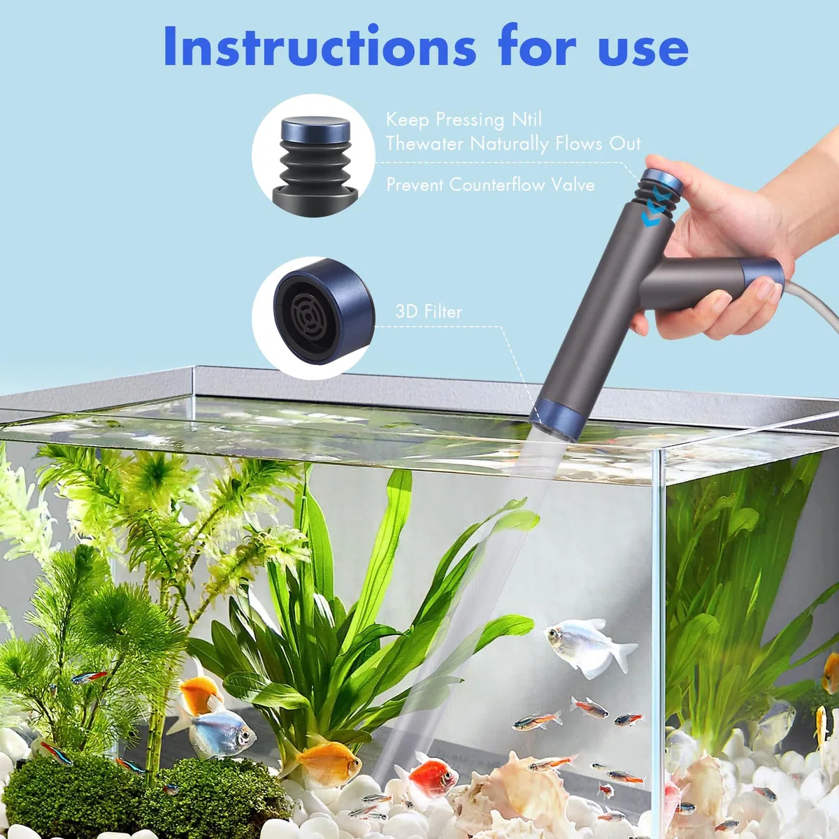 Aspiraghiaia per acquari, 4 in 1 Pulizia Acquario Multifunzionale, regolabile manuale Pulizia Acquario Ghiaia, Cambia Acqua per acquari, Cambio Acqua, Pulizia Sabbia, Rimozione Sporco, Filtraggio
