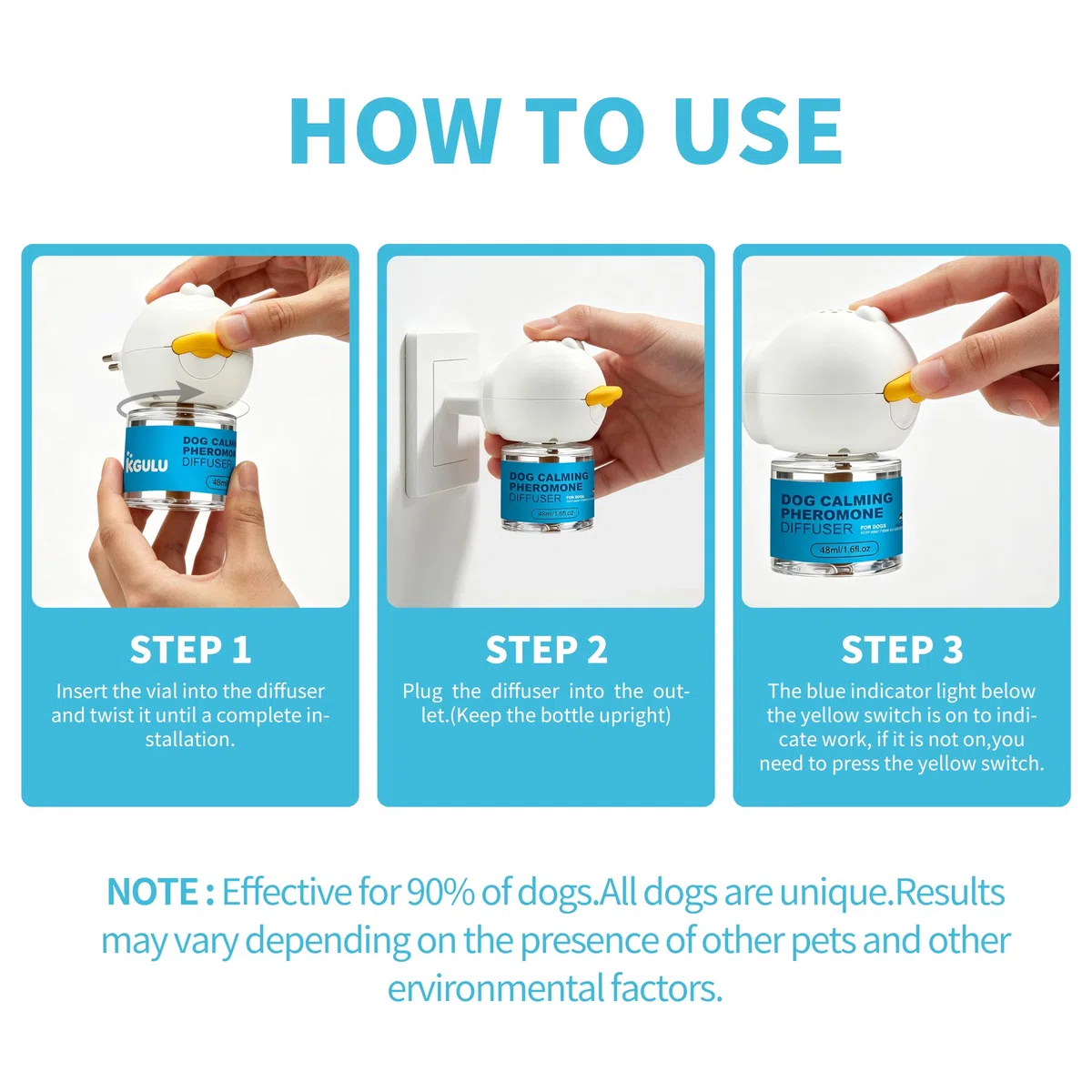 Calmante per Cani Diffusore + 2 Ricariche 48ml, Feromoni Tranquillanti Antistress, Ideale per Cani Ansiosi e Iperattivi, Riduce Stress ed Abbaio, Copertura Fino a 70 m²