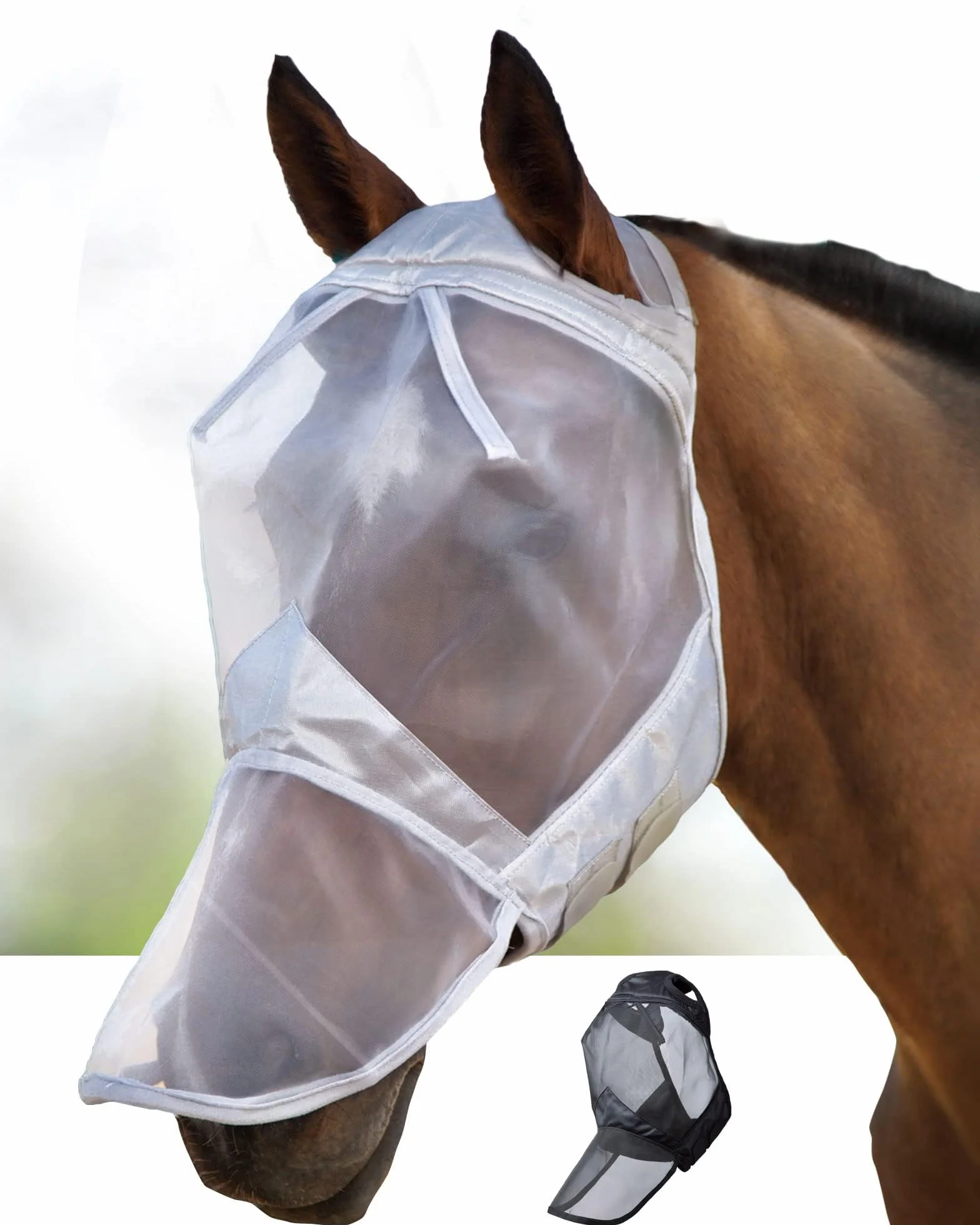 Harrison Howard CareMaster Maschera anti-mosche per cavallo UV protezione con para naso Argento (XL; Extra Full)
