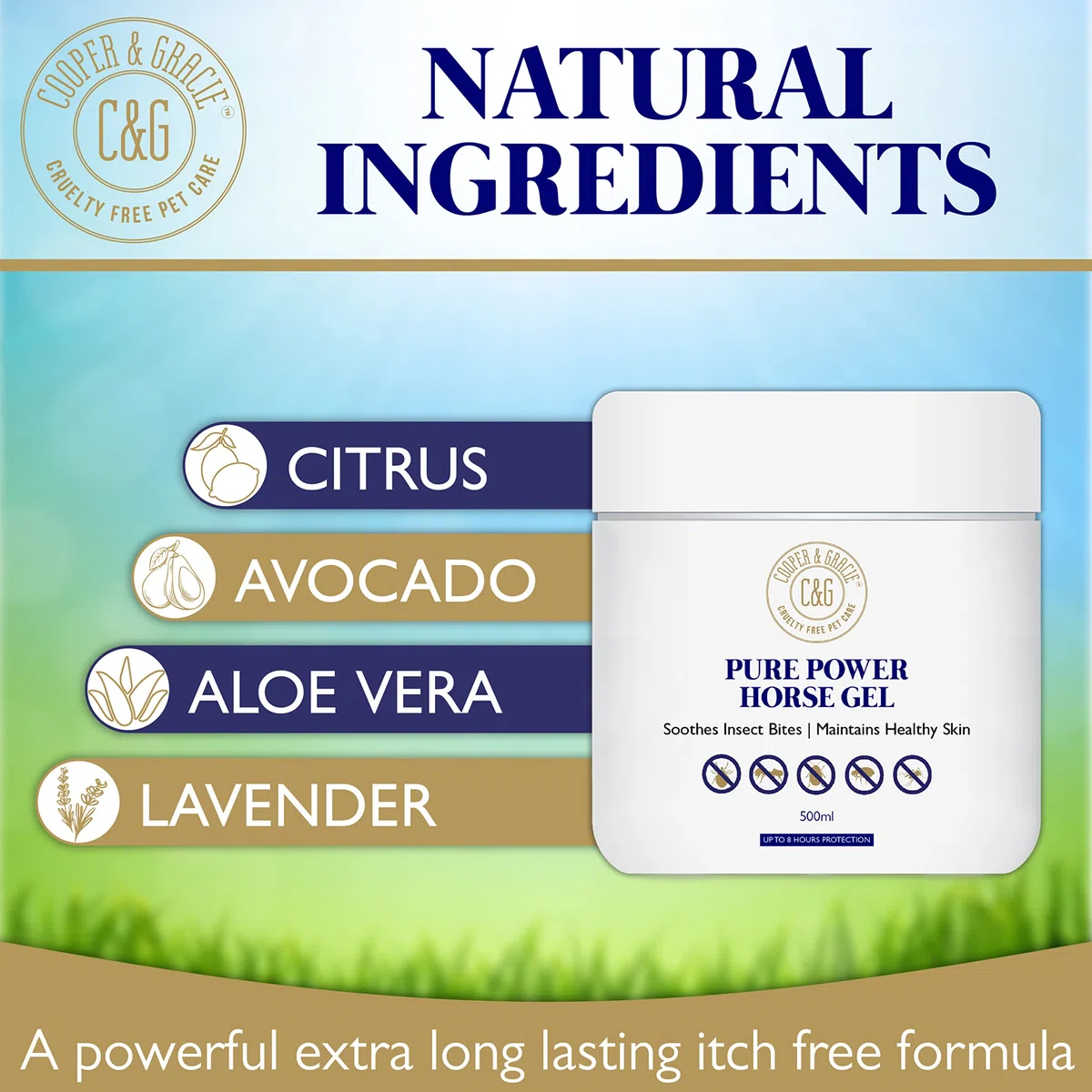 C&G Pets | Pure Power Horse Fly Gel | Respinge Gli Insetti mordenti | Lenisce e idrata la Pelle Che Prude | Formula alla Citronella Resistente al Sudore di 8 Ore | 100% Organico e Naturale 500ml