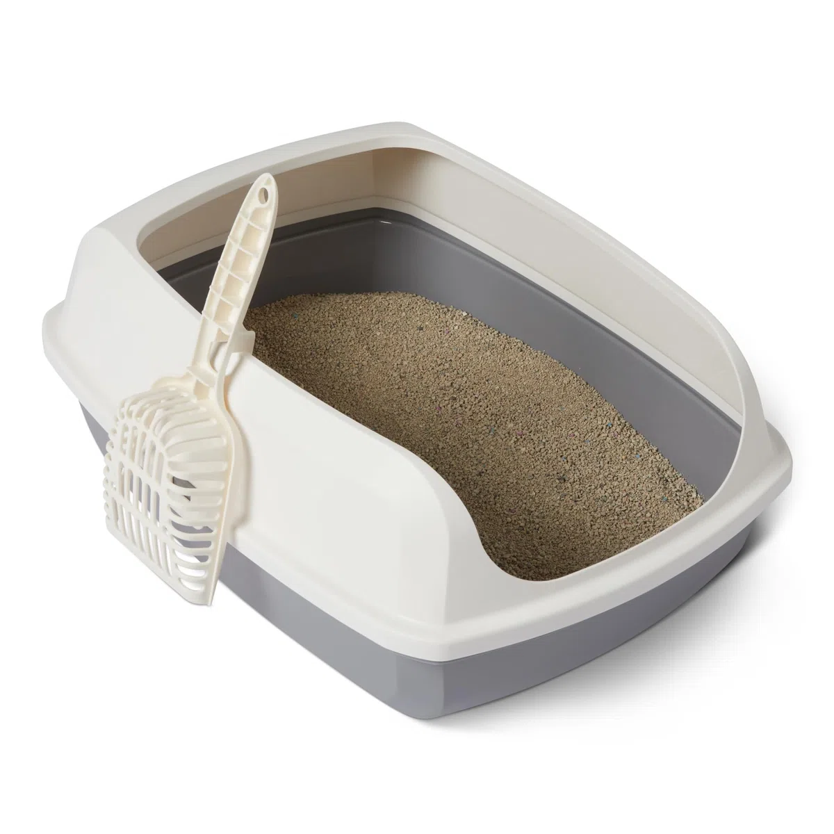 Amazon Basics - Lettiera per Gatti Alta e Aperta, Facile da Pulire, con Paletta, Bianco/Grigio, 50,5cm x 38,0cm x 20,0cm