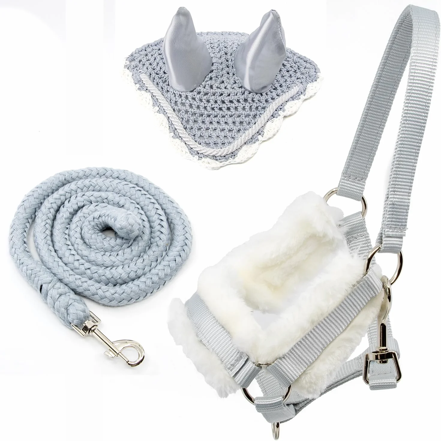 Set accessori per Hobby Horse – Capestro con morbida imbottitura GRIGIA, lunghina e cuffia antimosche grigio-bianca per attività di Hobby Horsing – compatibile con cavalli a bastone taglia A4 e A3