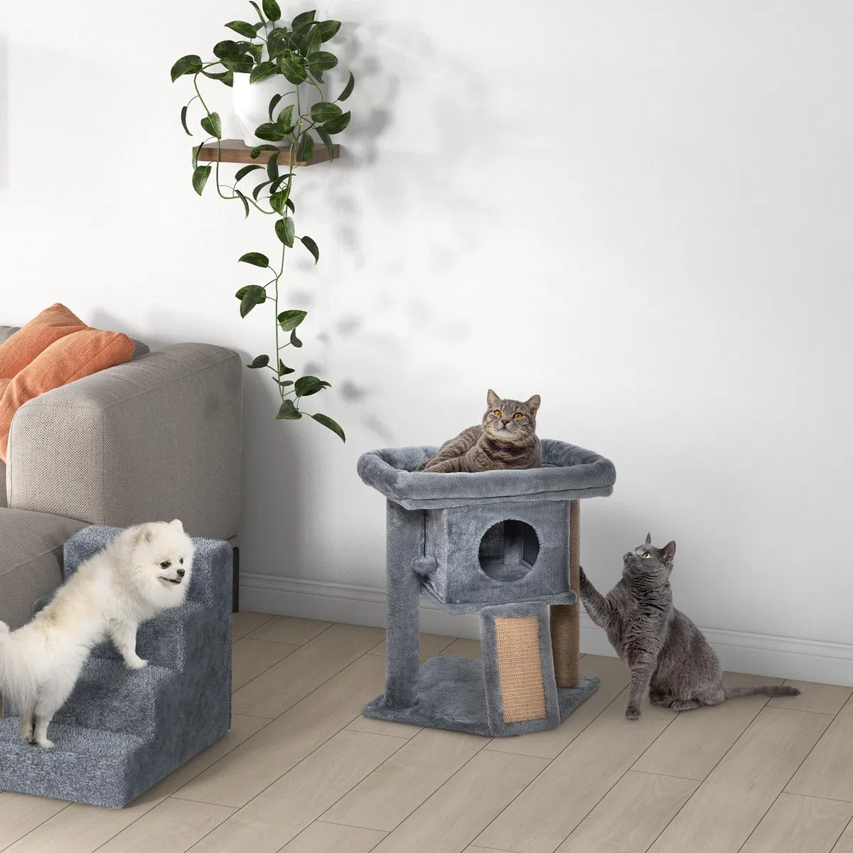 PawHut Albero Tiragraffi per Gatti Multilivello in Peluche con Casetta per Gatti e Lettino, Palestra per Gatto Tiragraffi in Juta e Pallina, Grigio