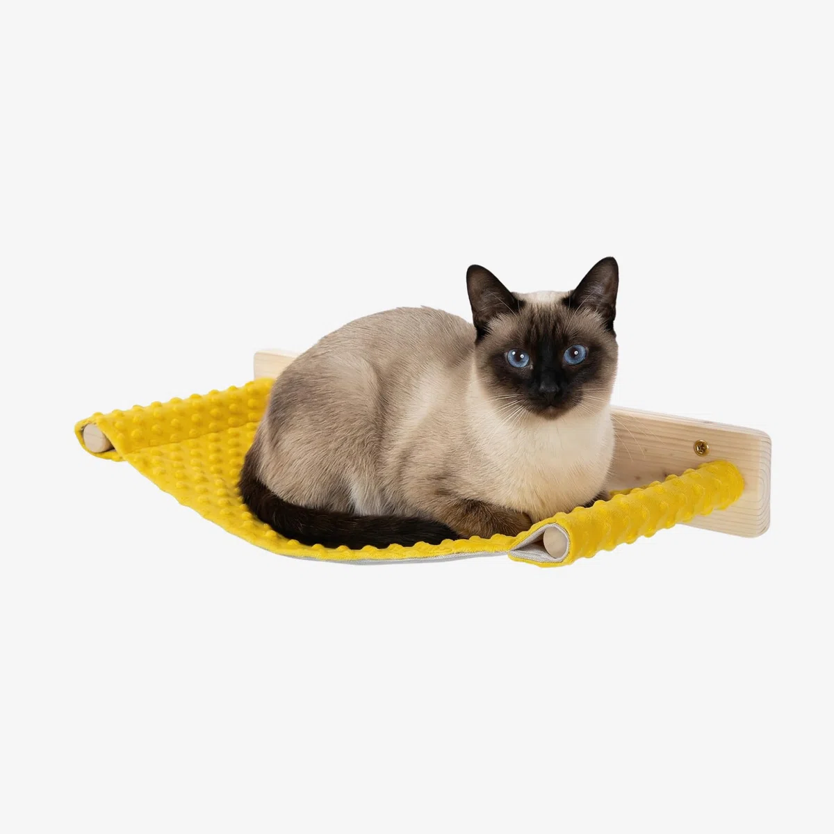Amaca per Gatti in Legno d'Abete PEFC fatta a mano, Amaca Gatto con Telo Giallo Lavabile, Robusta e Confortevole per Rilassarsi, Dormire e Giocare, Supporta fino a 20 KG - Percorsipergatti