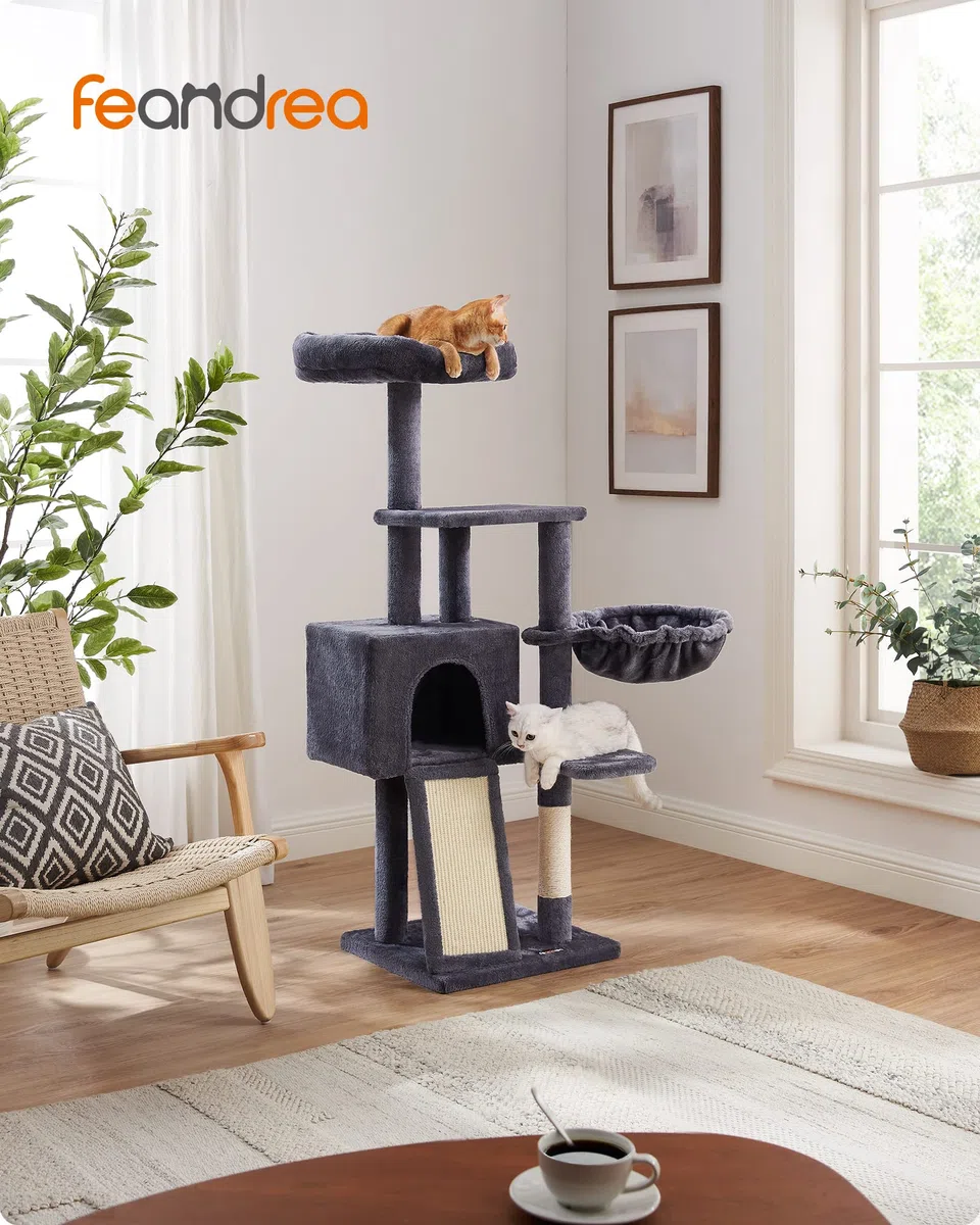 FEANDREA Albero per Gatti, Tiragraffi Piccolo da 135 cm, Condominio per Gatti in Peluche a più Livelli con Copertura per Trespolo Rimovibile Lavabile, Graffiatoio, Cesto, Grotta, Grigio Scuro