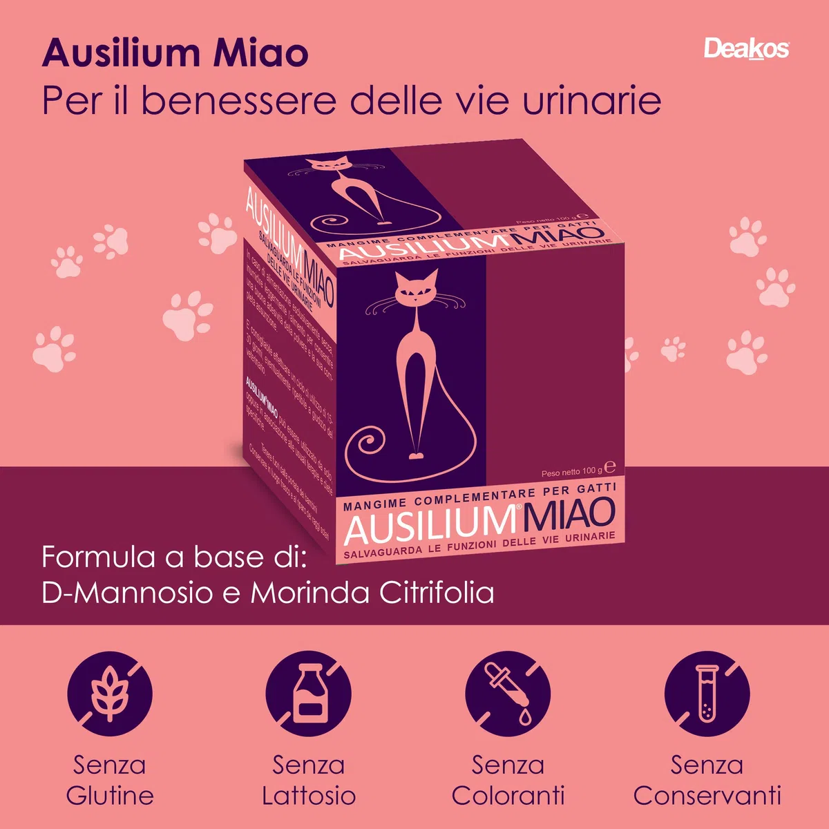 Deakos Ausilium Miao in Polvere 100g - Integratore Gatto per il Benessere delle Vie Urinarie - Con D-Mannosio Puro e Morinda Citrifolia - Integratore per Gatto Senza Glutine e Lattosio