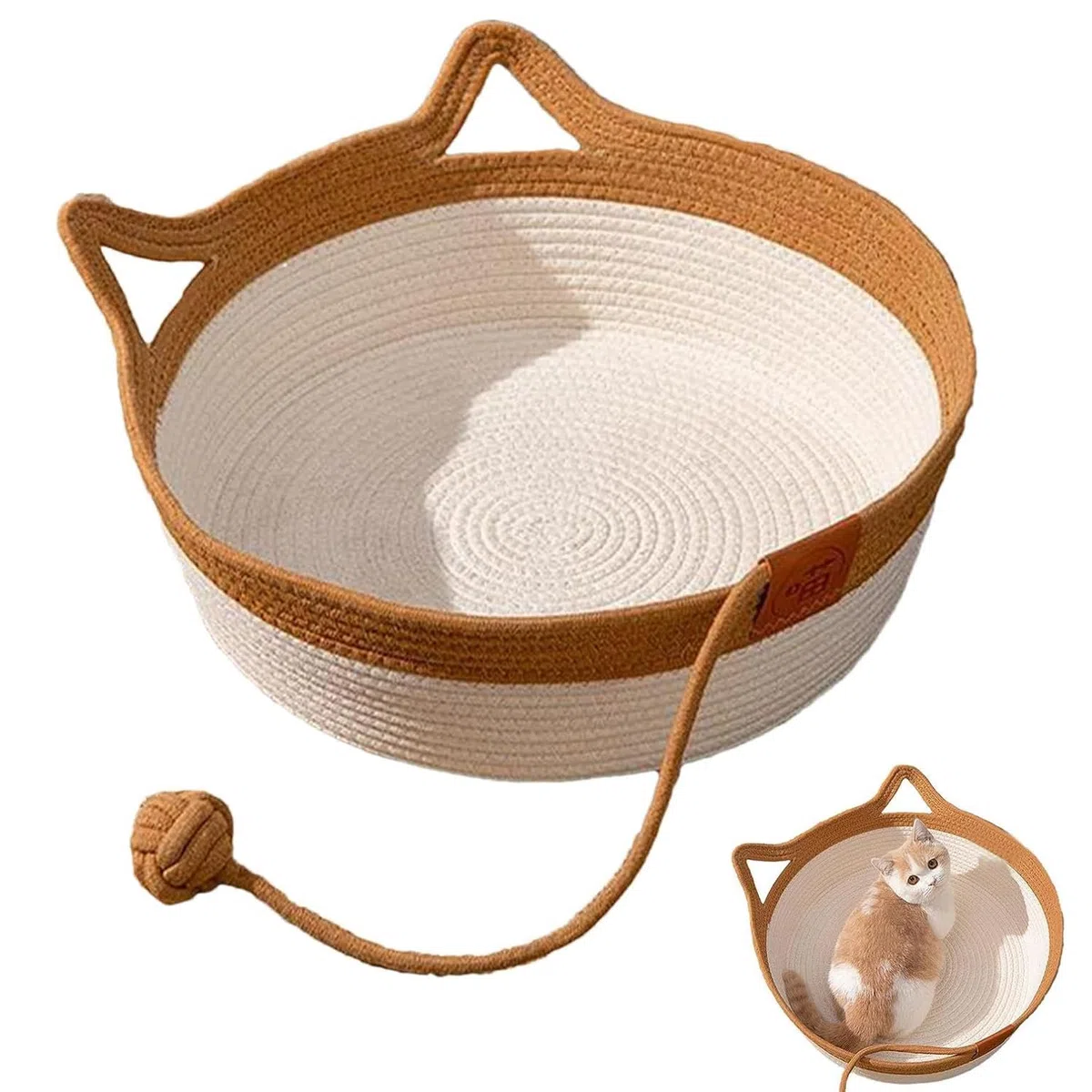 MEISO Letto per Gatti Interni in Cotone Tessuto a Mano, Cesto con Coda Giocattolo, Pieghevole e Traspirante (M)