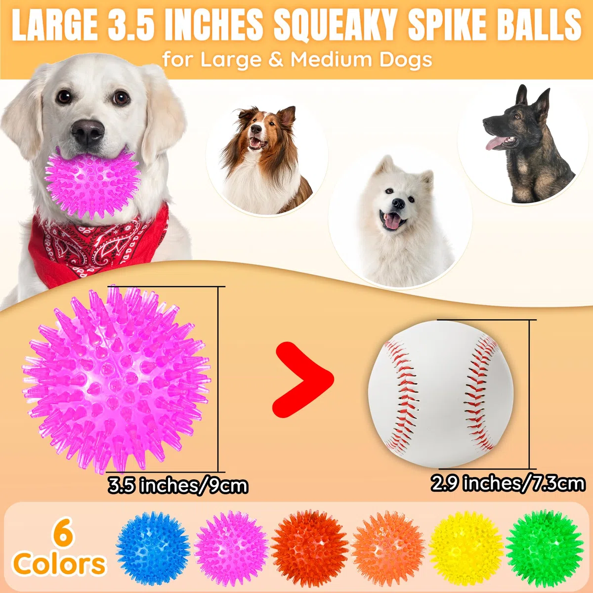Palline Cigolanti per Cani - Confezione da 6 da 9 cm con Punte - per Cani di Taglia Media e Grande - Palla Giocattolo Progettata