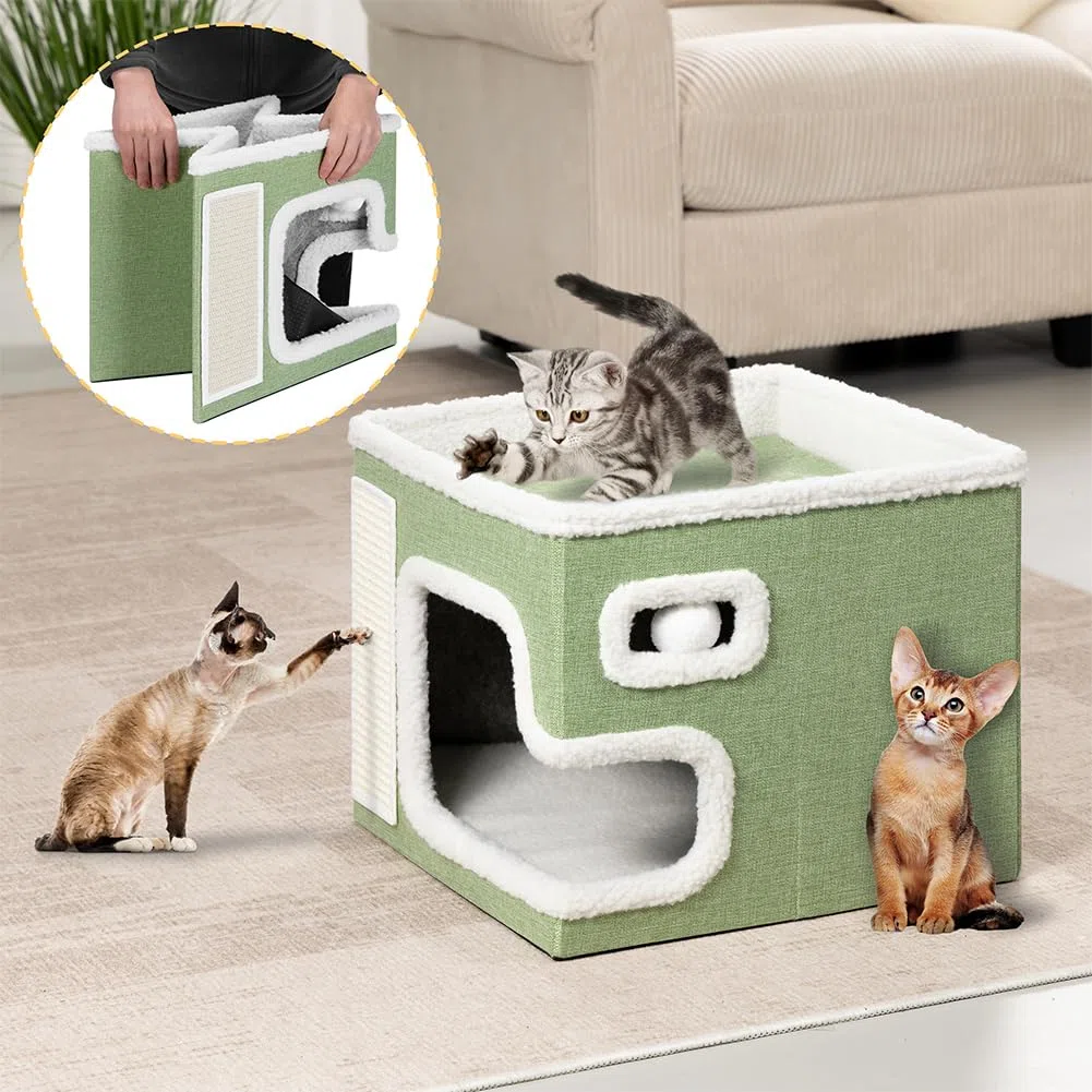 BAKAJI Cuccia per Gatti pieghevole con Grande Ingresso, Casetta Rifugio per Animali Domestici, Tiragraffi in Poliestere Caldo e Imbottito, Cuccetta Graffiatoio Base Antiscivolo 42x42x33 cm (Verde)