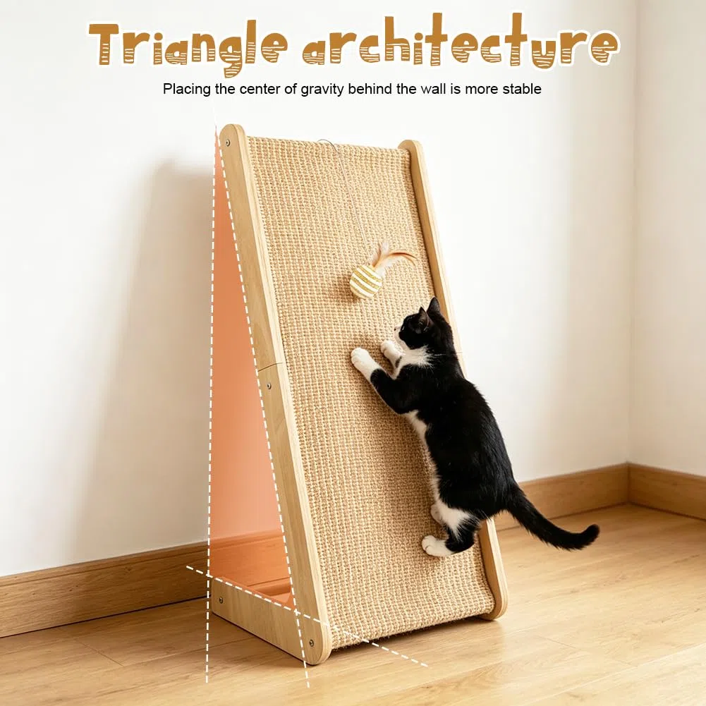 CEWROM Tiragraffi gatto grande 68 cm, sisal tiragraffi gatti, in legno di faggio massiccio e sisal naturale, design reversibile a forma di L, tappetino antigraffio per divano e protezione da parete