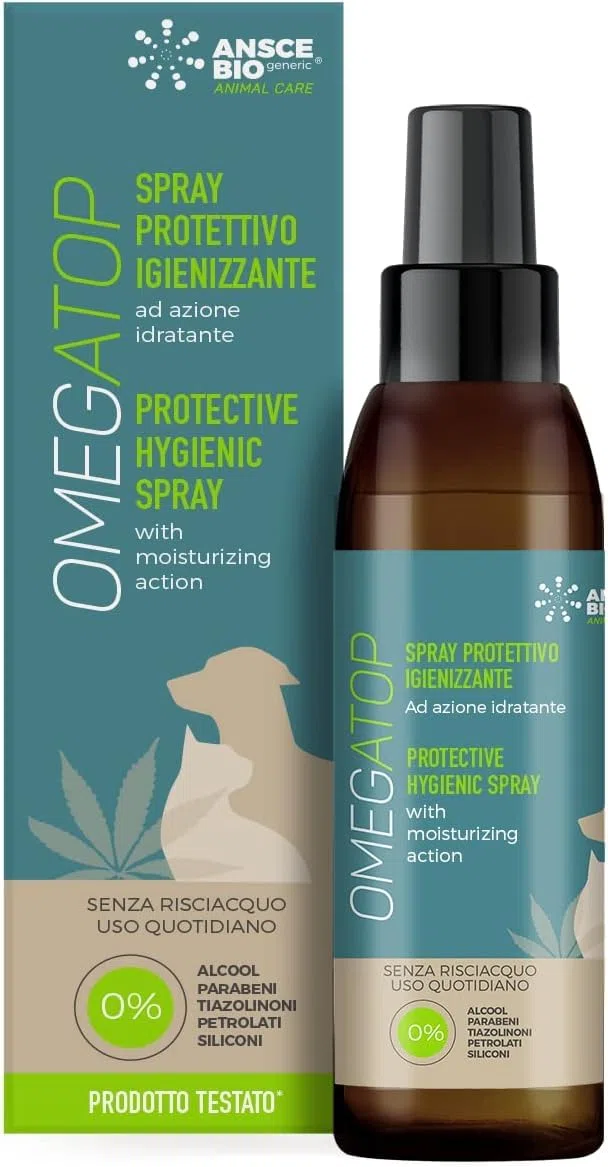 OMEGATOP Spray Antiparassitario Detergente Cani senza Risciacquo. 150ml | Contro prurito, protettivo da insetti e microrganismi. Per la pulizia quotidiana della cute sensibile anche del gatto
