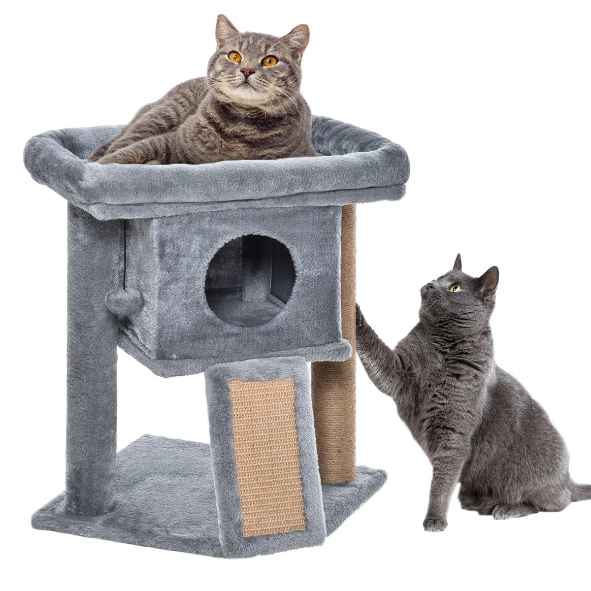 PawHut Albero Tiragraffi per Gatti Multilivello in Peluche con Casetta per Gatti e Lettino, Palestra per Gatto Tiragraffi in Juta e Pallina, Grigio