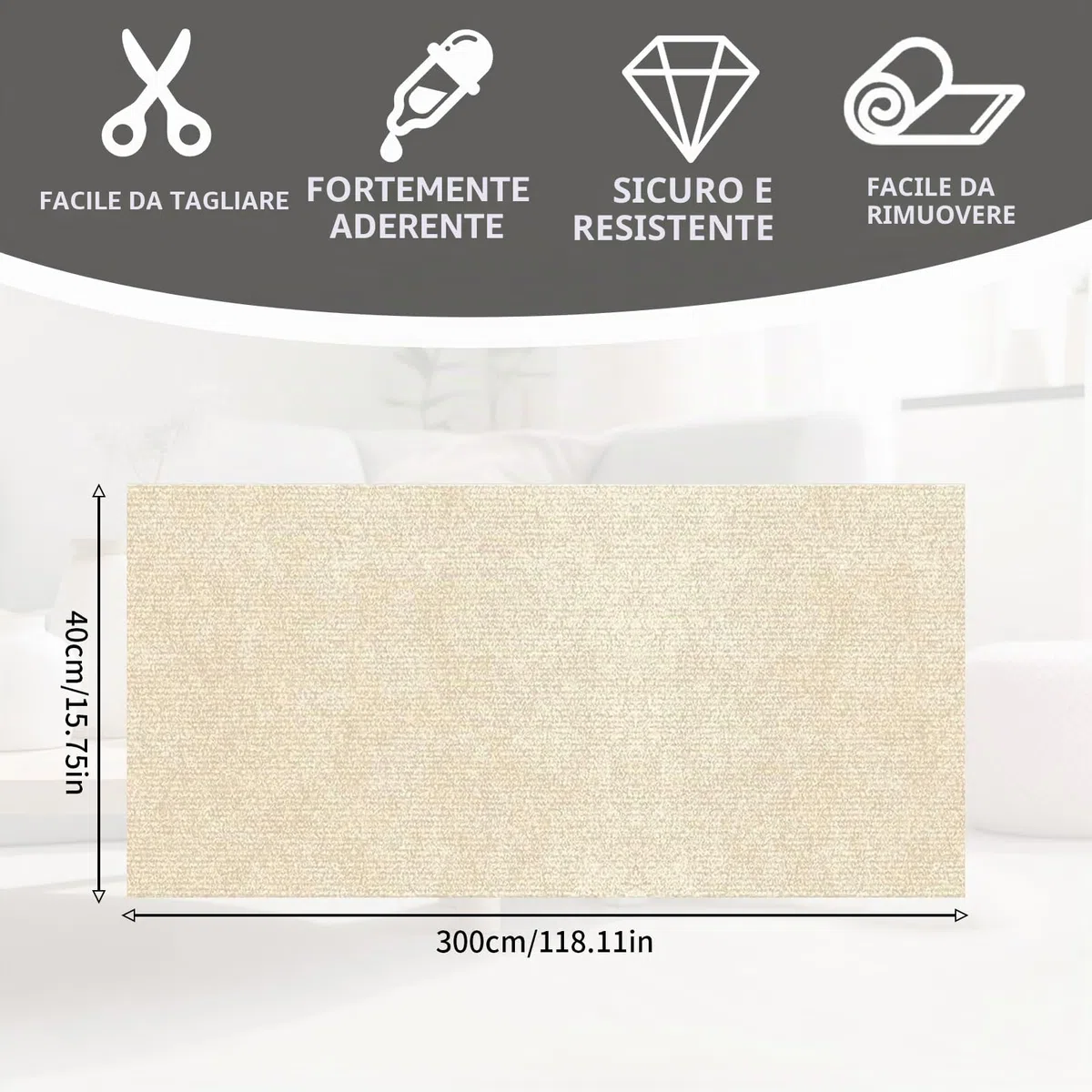 Tappeto Tiragraffi per Gatti Autoadesivo - 300 x 40cm, Protezione Divano Graffi Gatto, Riutilizzabile e Tagliabile, DIY Tiragraffi per Gatti, Ideale per Divani Mobili Pareti Cachi