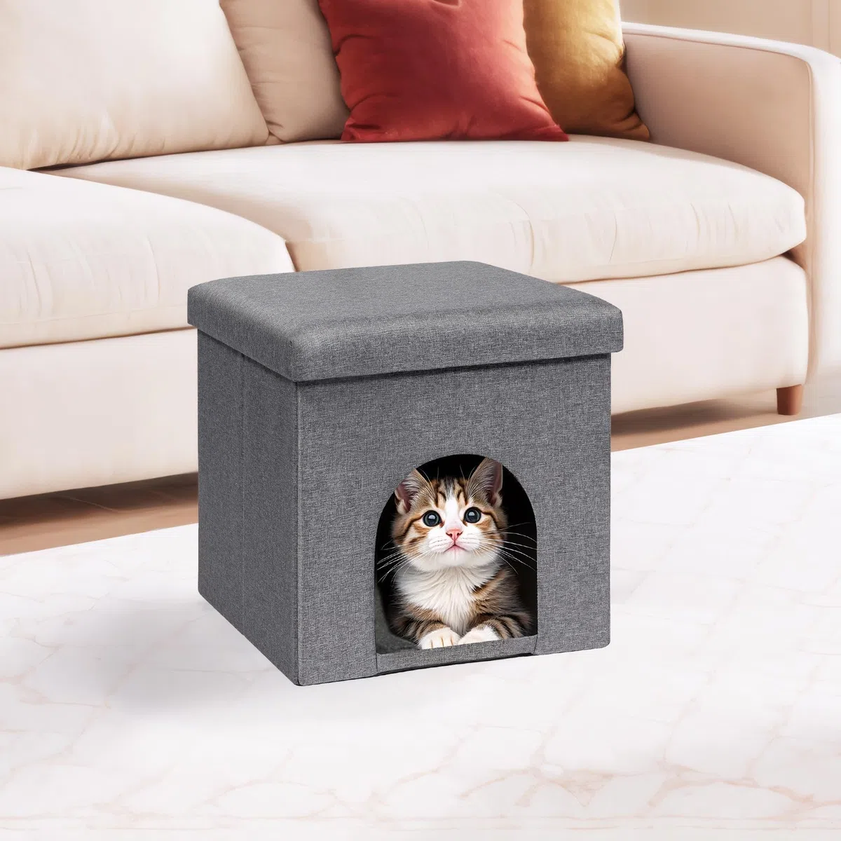 PINPLUS Cuccia per Gatti con Cuscino, Sgabello Pieghevole per Gatto, Cubo Contenitore Stabile con Coperchio Rimovibile, Rifugio Accogliente per Dormire e Giocare