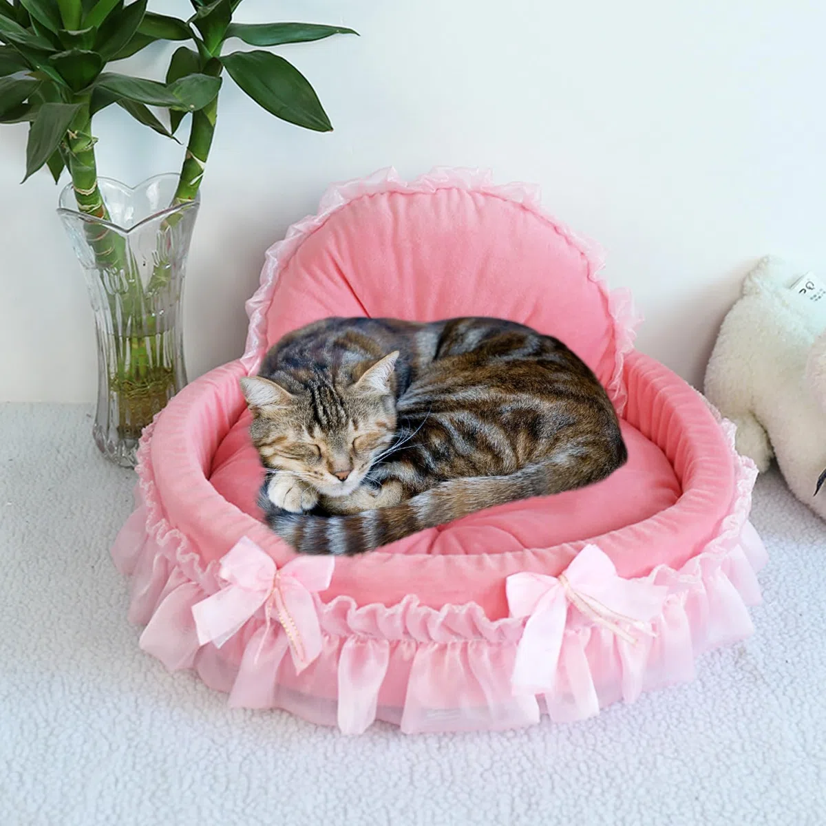 Cuccia per cani Princess con finiture arricciate, morbida e calda cuccia per cuccioli con cuscino staccabile, accogliente divano per gatti