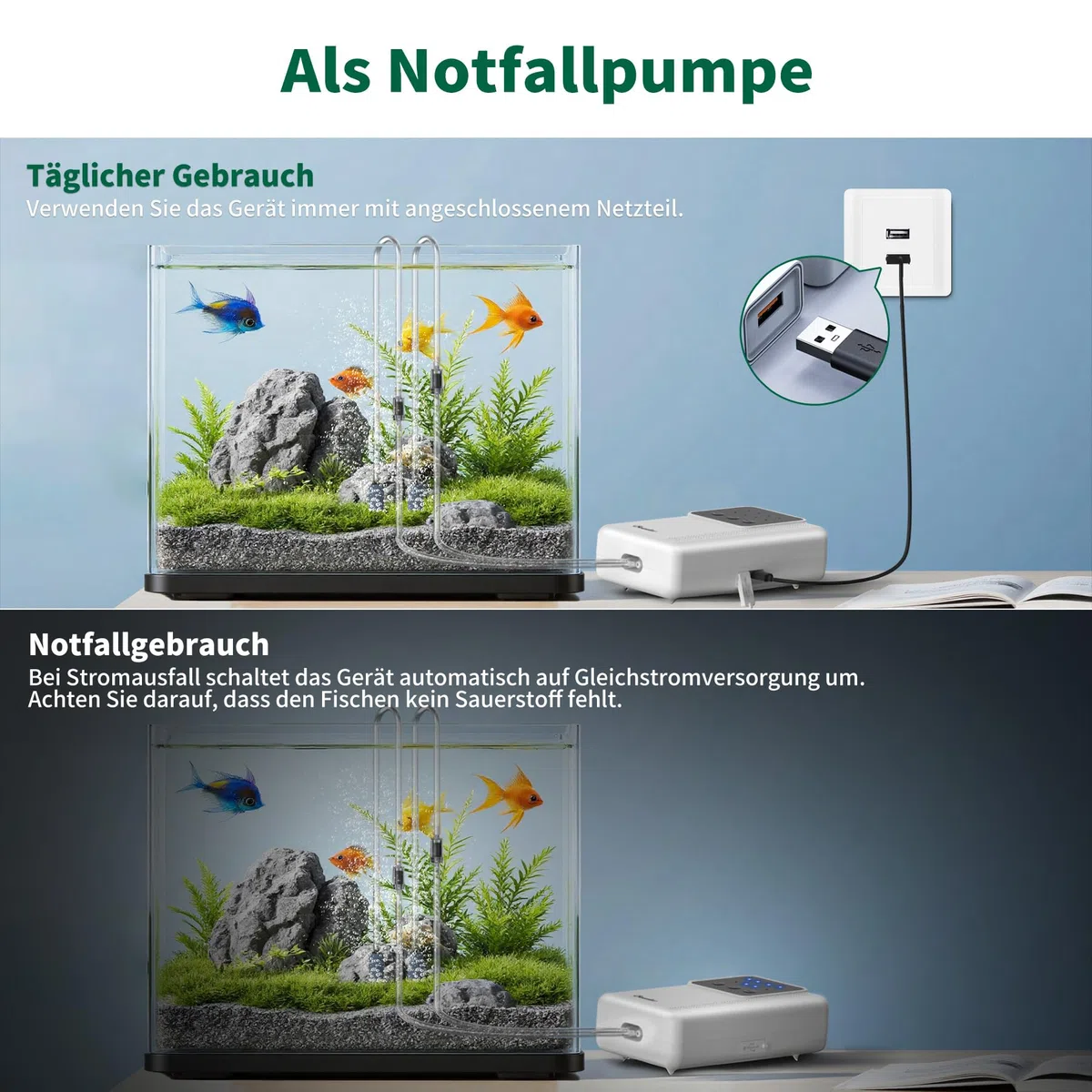 Pompa ad aria per acquario, pompa di ossigeno ricaricabile con batteria da 2200 mAh o 4400 mAh, per pesca all'aperto e interruzione di corrente, Nano Mini accessorio per acquario con pietra