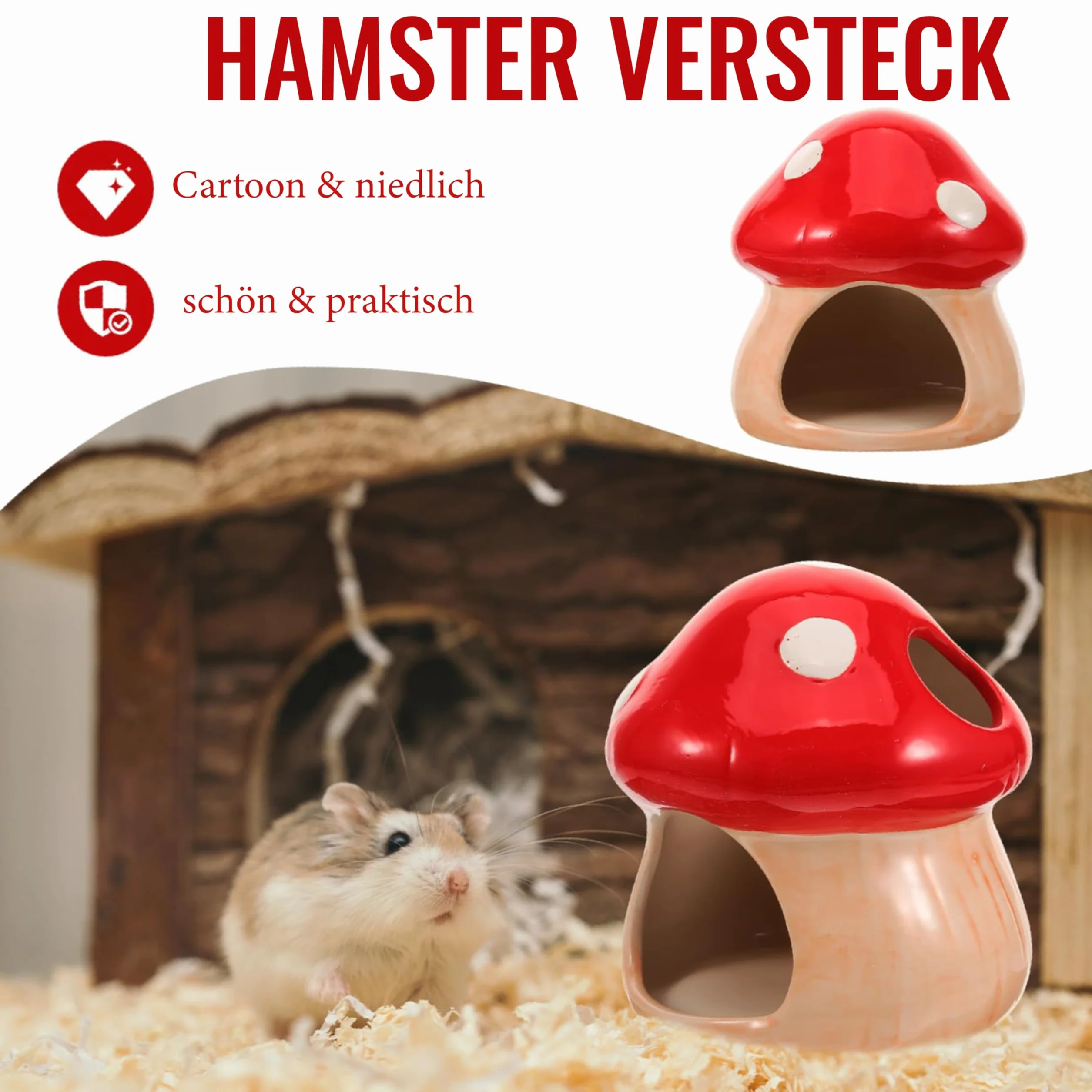 Casa in ceramica per criceti, unica casa in ceramica per criceti, nascondiglio in ceramica per criceti, casa a forma di fungo e habitat per criceti, per gerbilli, topi, cincillà, nascondiglio