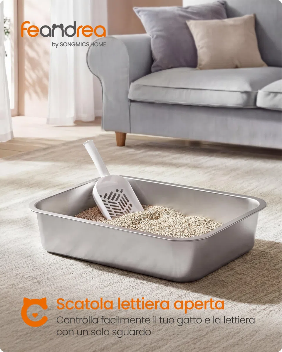 Feandrea Lettiera per Gatti in Acciaio Inox, Vaschetta Aperta con Paletta, 45 x 35 x 15 cm per Gattini e Gatti Piccoli, Argento PPT014E101