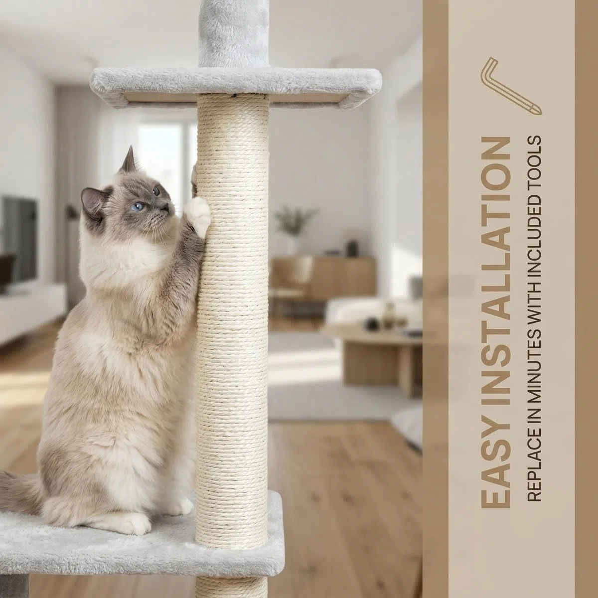 2PZ Tiragraffi per Gatti Ricambio 35 CM con Viti M8, Ricambio Albero Tiragraffi per Gatti, Palo di Ricambio per Tiragraffi, Corda di Sisal Naturale, Facile da Installare, Accessorio per Animali