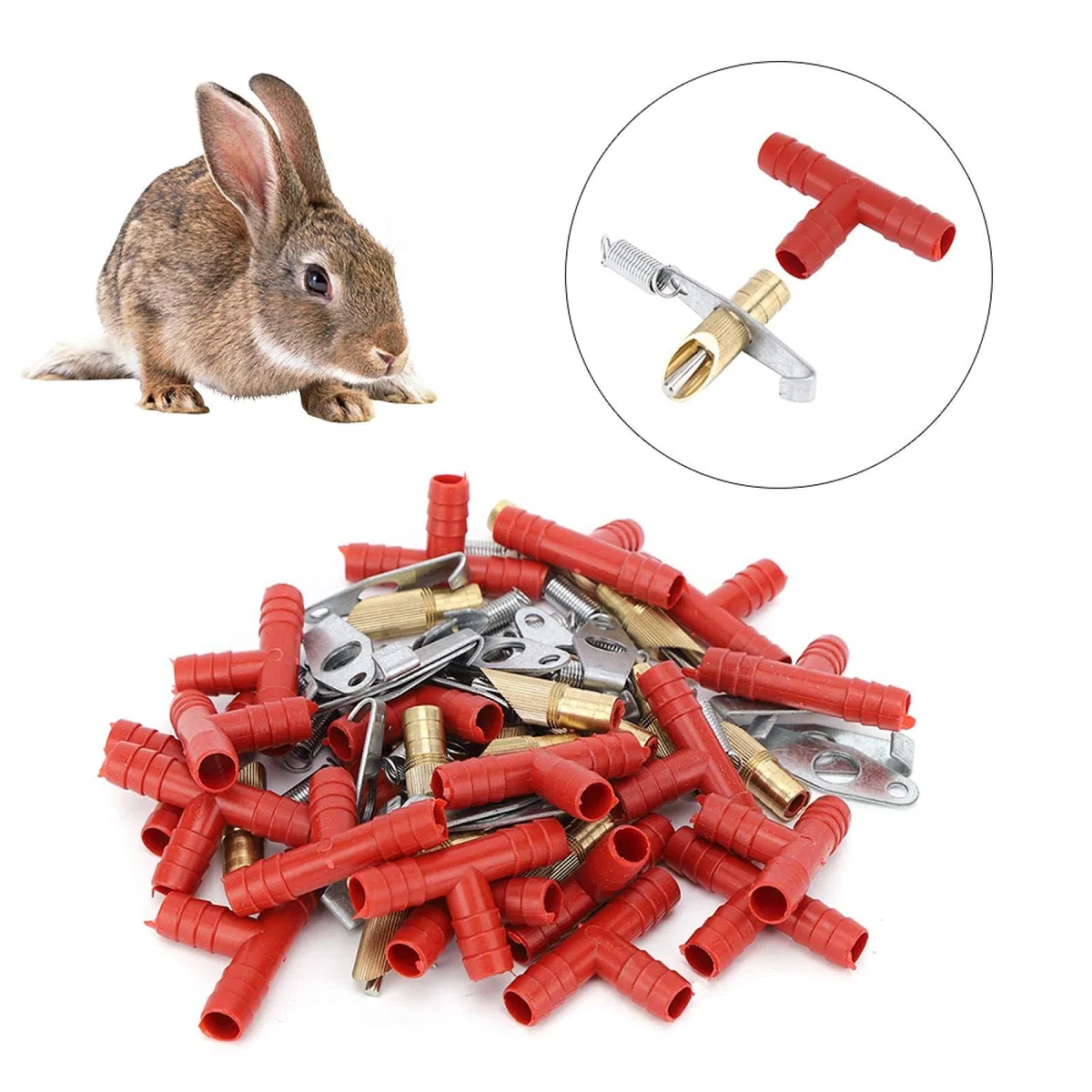 Abbeveratoio per Conigli, Bevitore Automatico per Capezzoli con Tubo a T e Molla, 20 Set in Ottone per Roditori e Uccelli, Facile da Installare e Pulire per Gabbie Metalliche