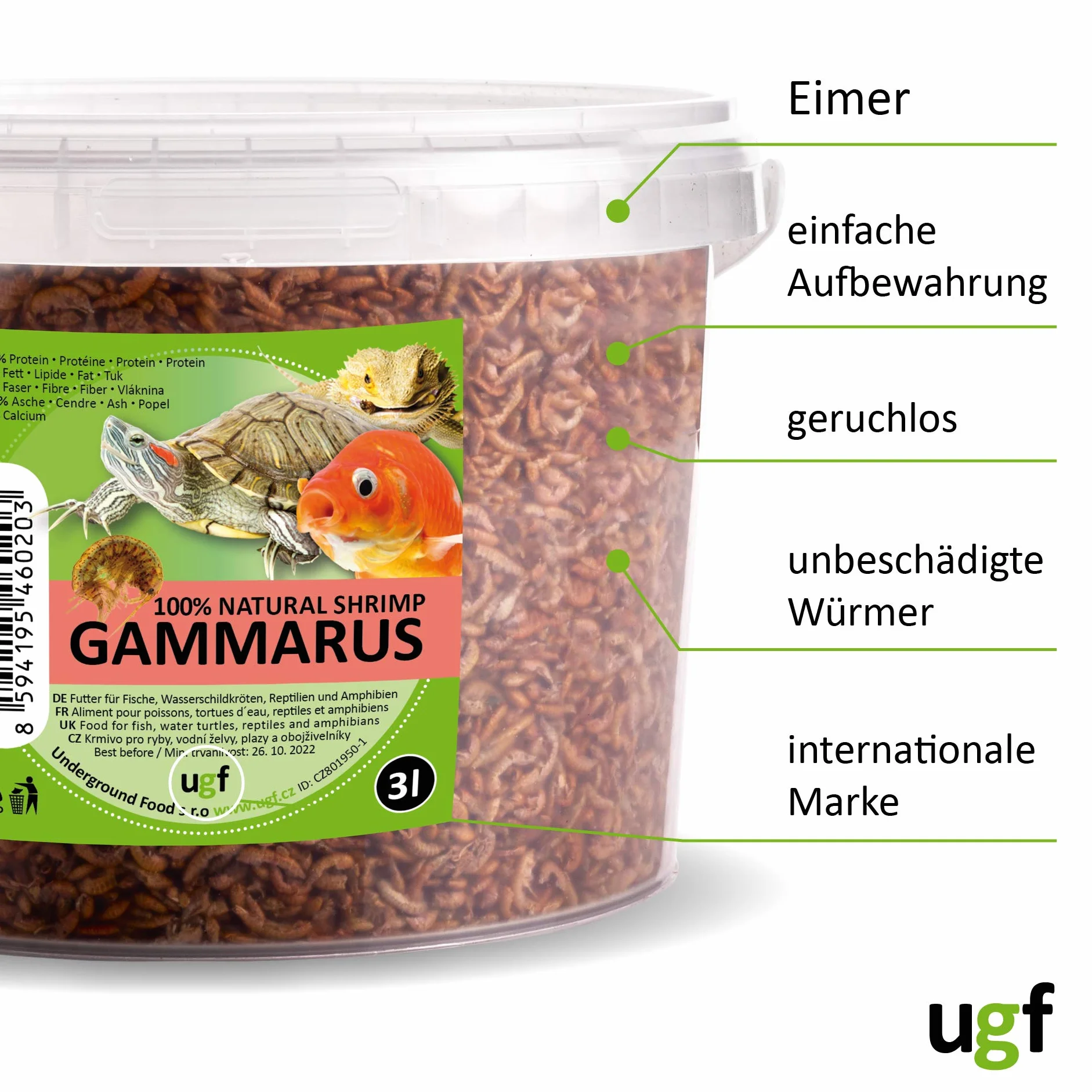 UGF - Gamberetti d'acqua dolce essiccati Premium Gammarus - 318 g in un secchio da 3 litri, cibo per tartarughe, cibo per pesci d'acquario, axolotl, criceti, ricci, koi, ratti