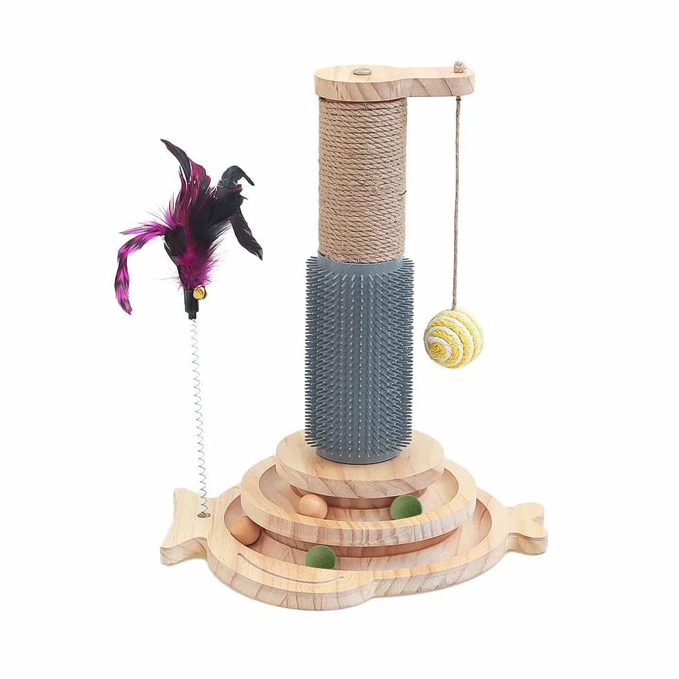 Marchul 5 in 1 Giocattolo per Gatti: Tiragraffi per Gatti in Sisal con Pettine in Silicone, Torre Giocattolo con Palla Appesa e Palla Interattiva con Piuma Elastica per Giocare al Chiuso