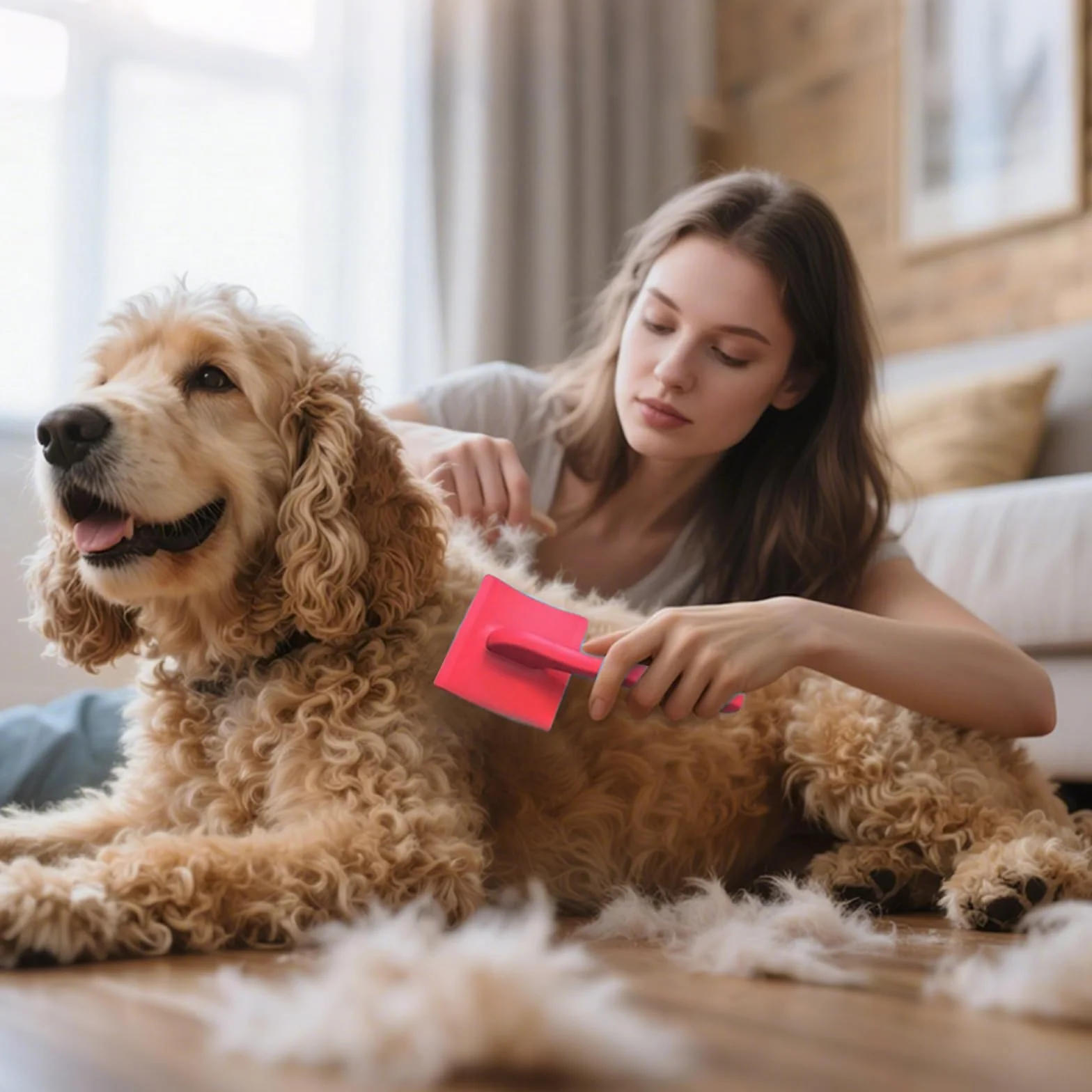 Spazzola per Gatti Grande, Spazzola per Cani Pelo Lungo, Denti in Acciaio Inossidabile, Manico Antiscivolo, Cardatore per Cani e Gatti, Elimina Peli Morti e Sottopelo, Rosso