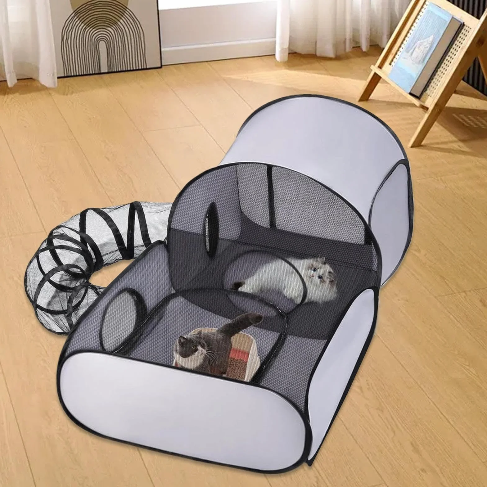 Box pieghevole per gatti con tunnel, tunnel per recinto per gatti, multifunzionale, con rete traspirante, portatile per animali domestici per interni ed esterni di piccoli animali