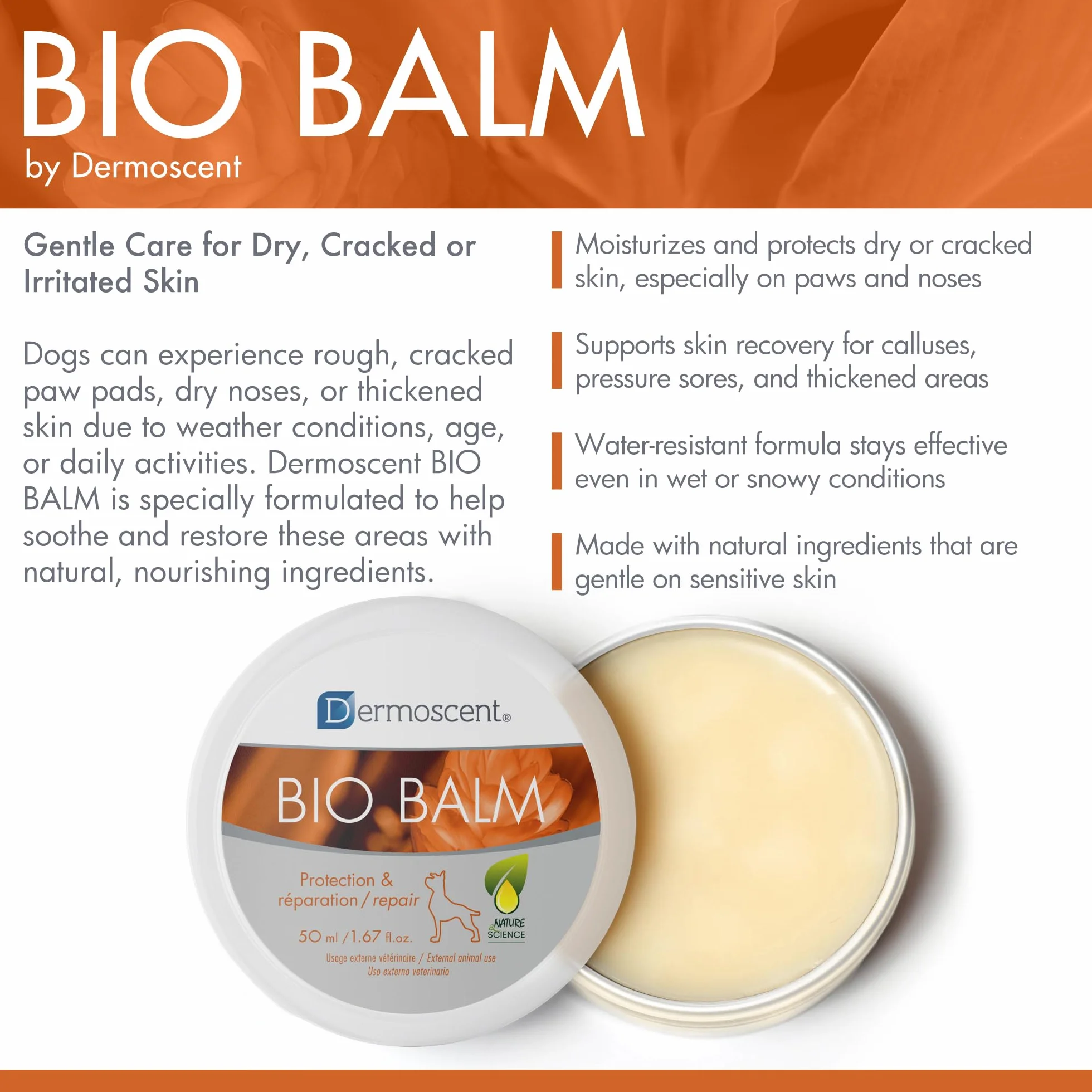 Dermocent | Balsamo Biologico | Balsamo per zampe di cane | Idratante organico per zampette, naso e gomiti | Sollievo dalla pelle pruriginosa del cane | Lenisce le zampe sensibili | 50 ml