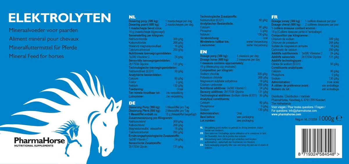 PharmaHorse Elettroliti | Sistema nervoso | Muscoli | qualità Alimentare Umana | 100% Senza zuccheri aggiunti | 1000 Grammi