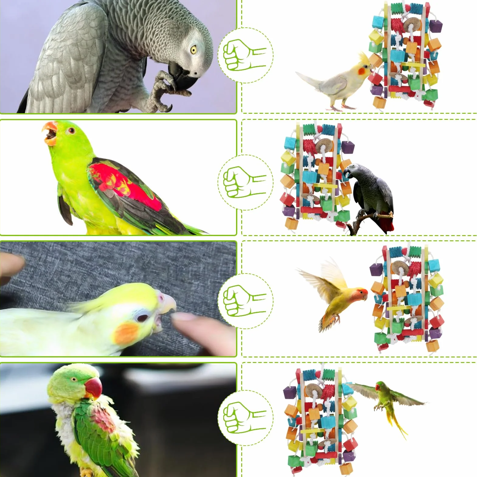 MQUPIN Grandi giocattoli per pappagalli per uccelli, blocchi di legno colorati di diverse forme, 56 cm, blocchi di legno naturale per pappagalli grigi africani, amazzoni, cacatua e ara