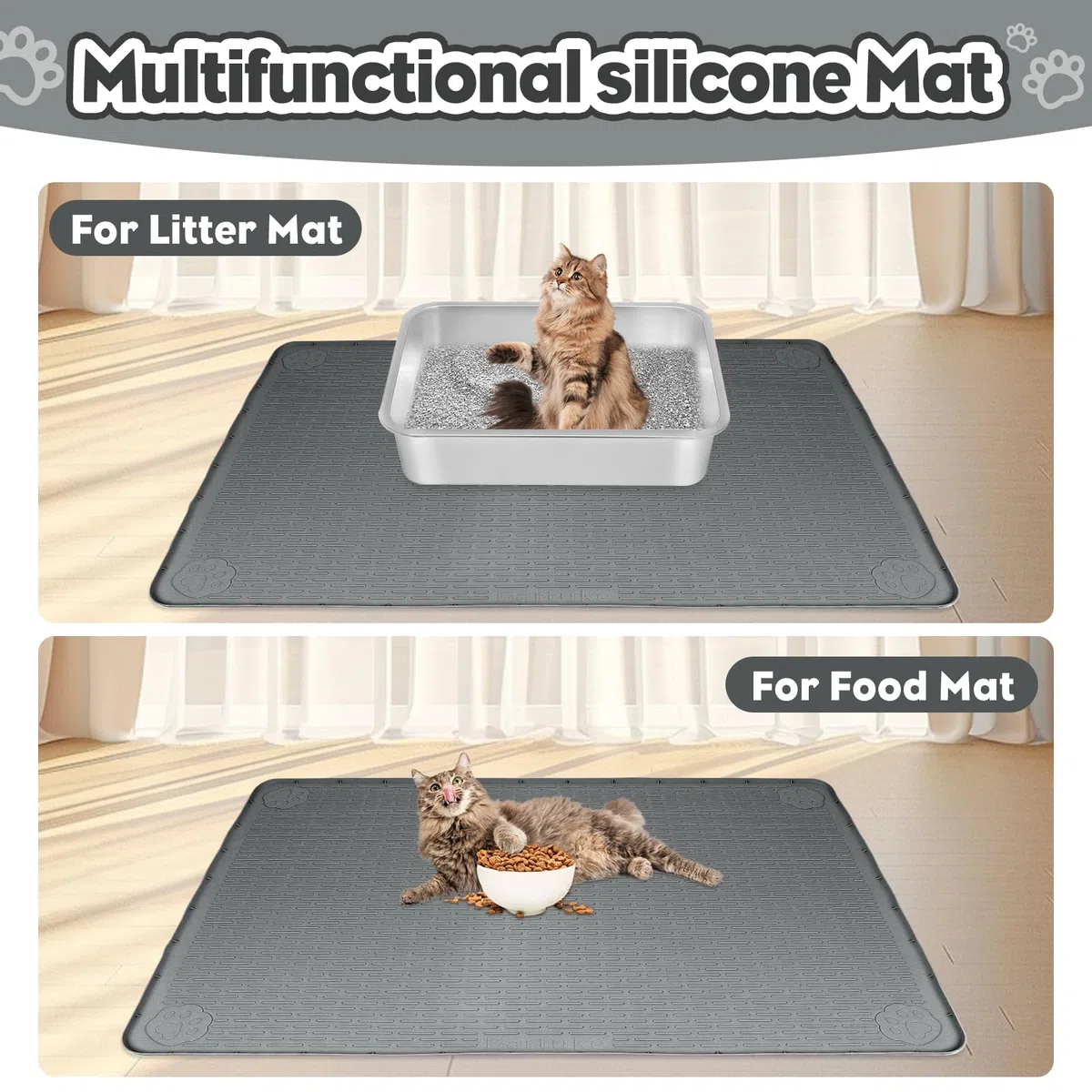 Tappetino Lettiera Gatto, Tappetino per lettiera per Gatti in silicone extra large 40 "x 28" per il controllo a dispersione, morbido su zampe di gattino, facile da pulire (Grigio scuro)