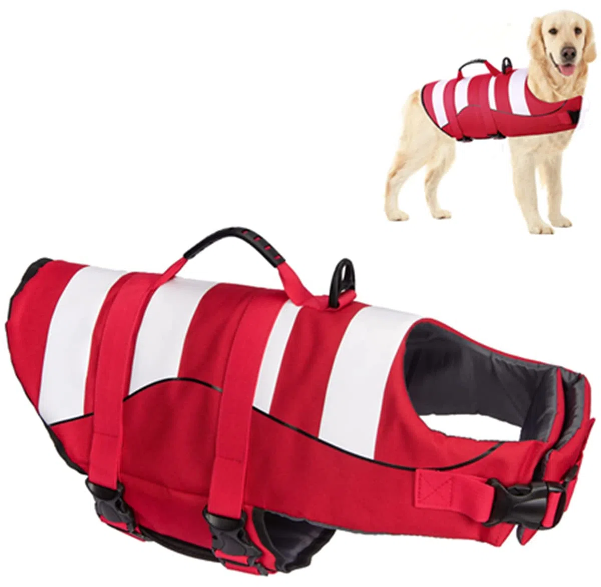 Giubbotto di Salvataggio per Cani Regolabili,Giubbotto di aiuto al Galleggiamento Cani con Manico,Buona Galleggiabilità in Mare,Piscina,Lago (M,Rosso)