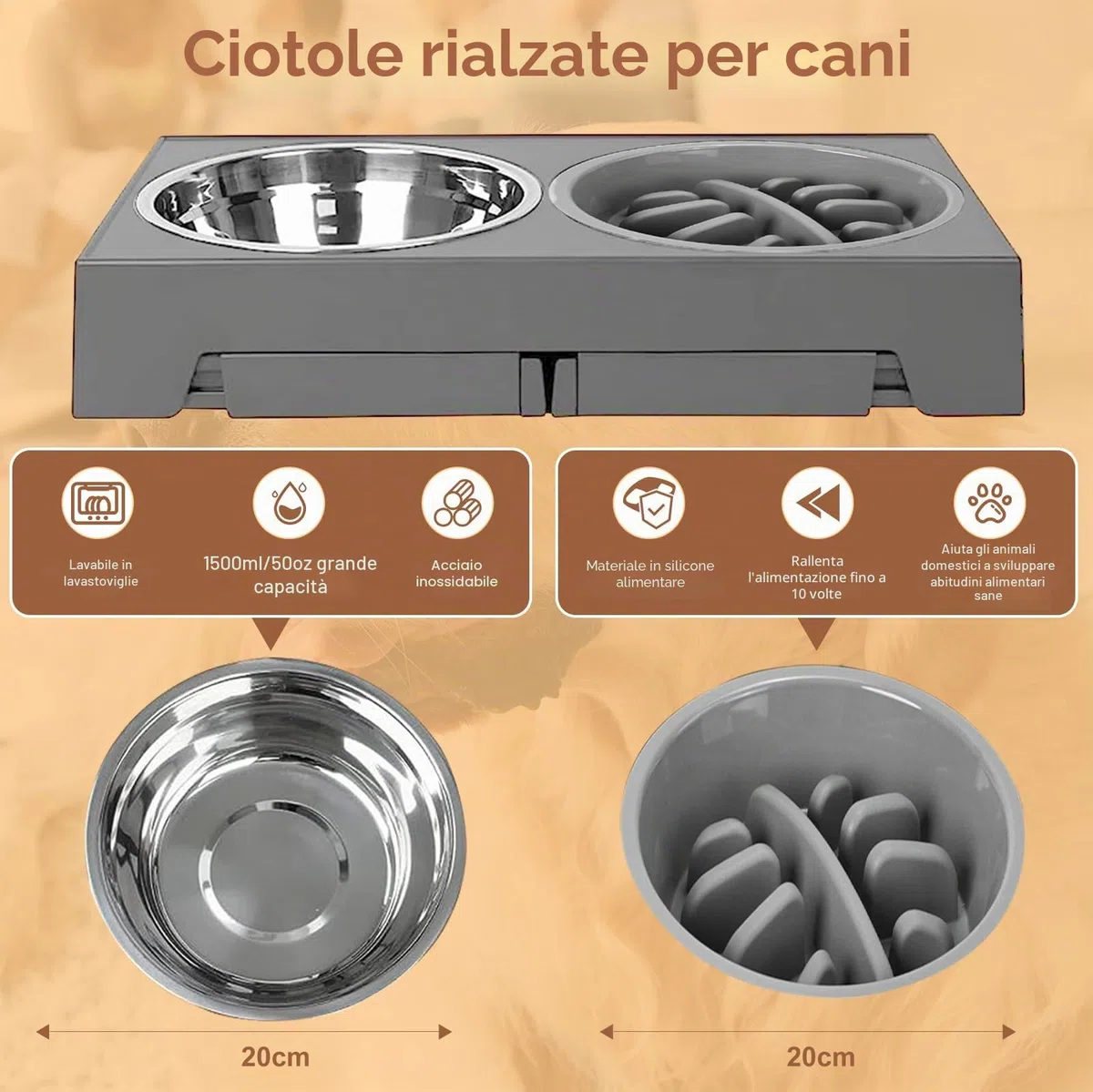Ciotola Rialzata per Cani, 4 Altezze Regolabili, Ciotole in Acciaio Inox e Mangiatoia Lenta Anti-Ingozzamento, Supporto Antiscivolo Pieghevole per Cani di Tutte le Taglie e Gatti