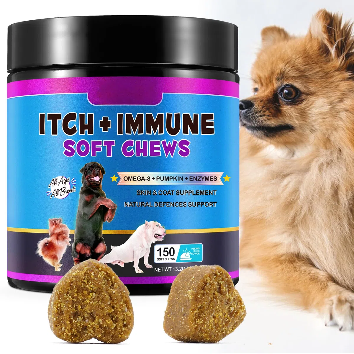 Trattamenti Per L'Immunità Del Prurito Per Cani,Chews Immuno Di Sollievo Dalle Allergie Del Cane(150 Masticazioni) Omega 3,Anti-Prurito E Punti Caldi,Stop Prurito,Leccare,Grattare, Allergie Stagionali