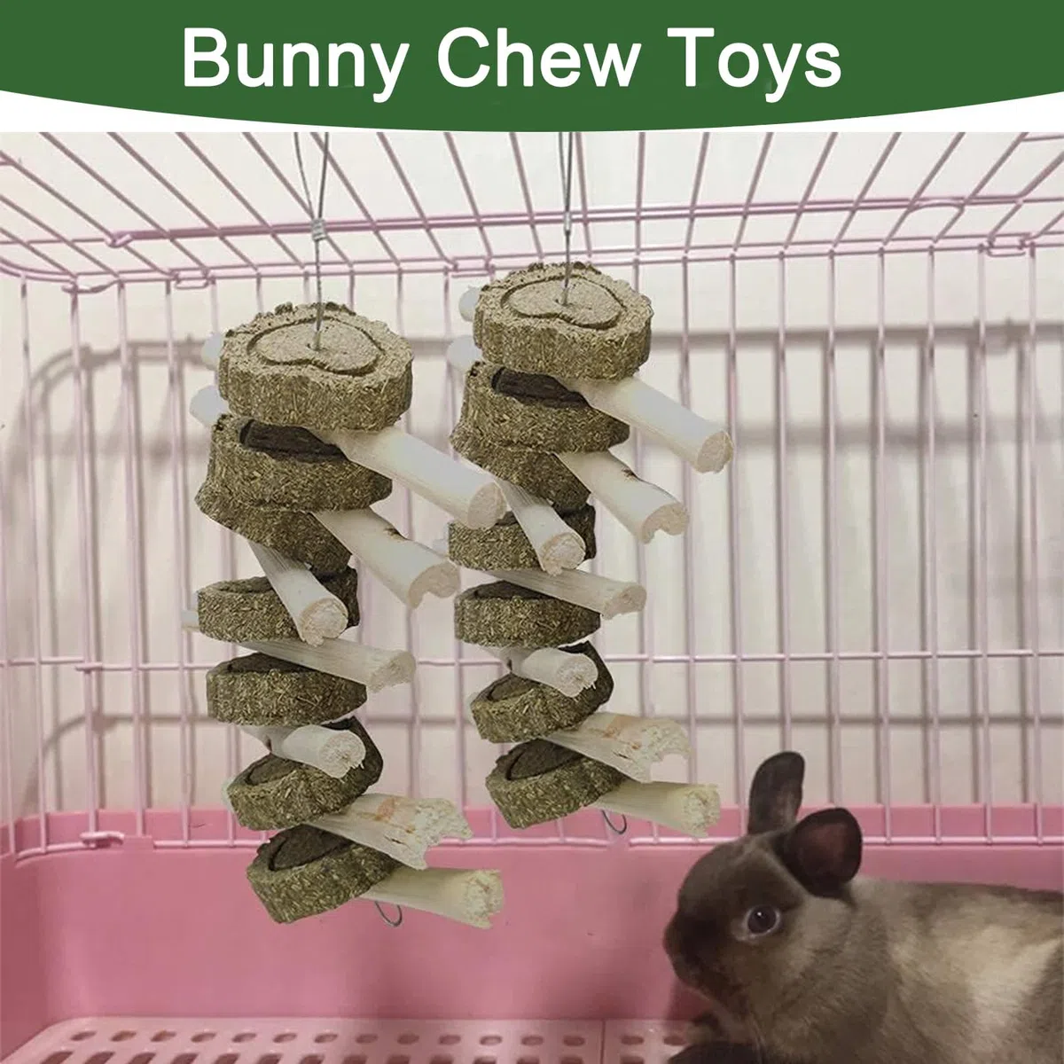 Giochi per Coniglio Nano, 2 Pezzi Giocattolo da Masticare per Conigli, Bambù Dolce con Torta di Erba Naturale Giocattolo Molare per Piccoli Animali per Conigli Cincillà Cavia (Stile A)