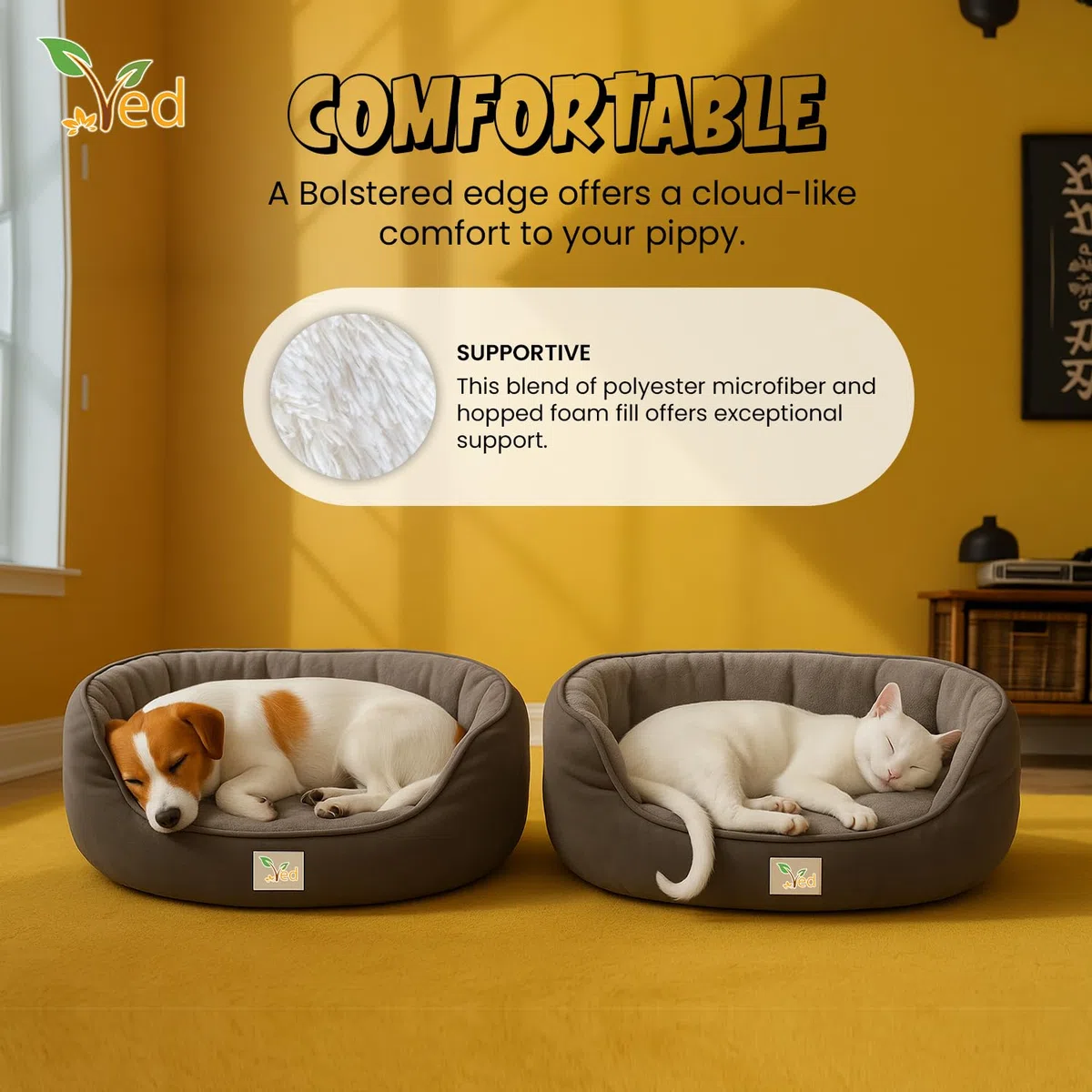 Ved Soft Cat Bed Cuccia rotonda lavabile per gatti e gattini da interno, cuscino reversibile, base antiscivolo, grigio, (51 x 48 x 15 cm (L x W x H))