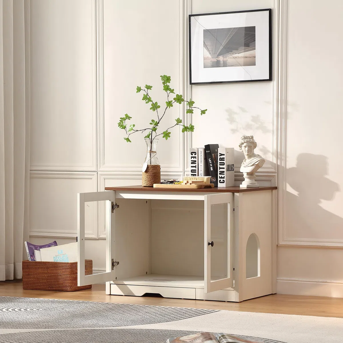 FOREST GRAVITY Cat Cabinet Litter Box Small Armadietto per gatti Lettiera Piccoli mobili per Lettiera Moderna 82 * 58.5 * 53 cm Casa per gatti con porta e divisorio separato Bianco Antico
