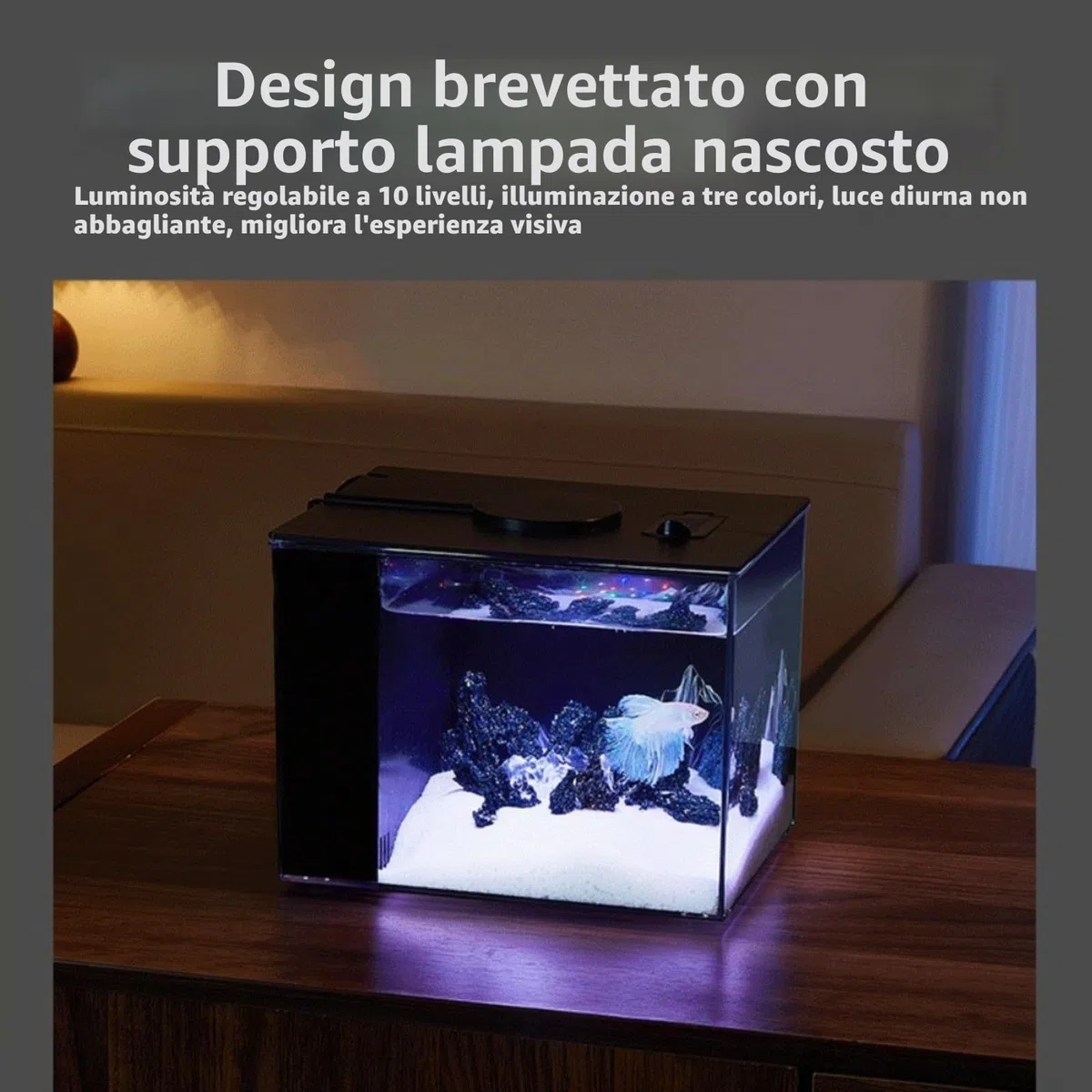 Acquario da tavolo per pesci per uso domestico con filtro laterale, filtrazione per migliorare l'ossigeno, pompa di flusso 160L/H, luminosità regolabile a 10 livelli e illuminazione a LED (S)