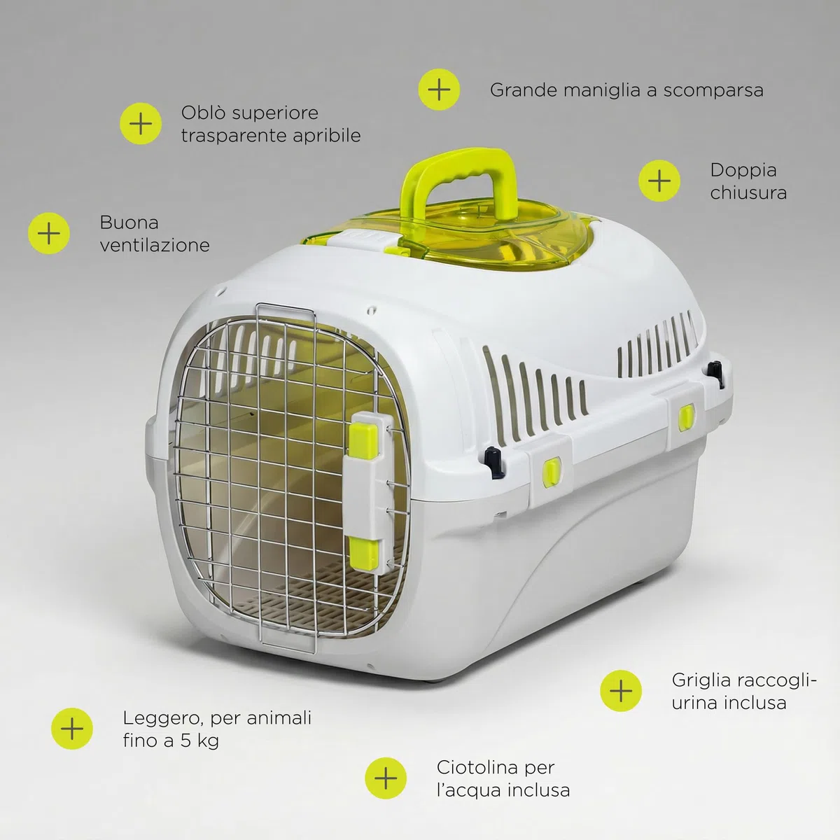 SAFY Trasportino Rigido per Gatti e Cani fino a 5 kg per Auto, Ventilato, Facile da Pulire, con Apertura Superiore per Controllo, Maniglia, Porta in Metallo con Doppia Sicura e Ciotola Inclusa