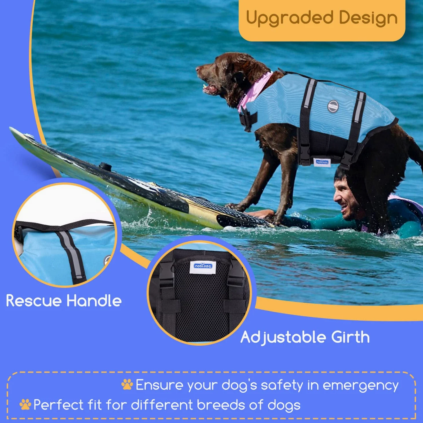 Nobleza - Giubbotto Salvagente per Cani Taglia Grande, Regolabile con Maniglia e Strisce Riflettenti, per Nuoto Surf Canottaggio Barca, Blu (L)