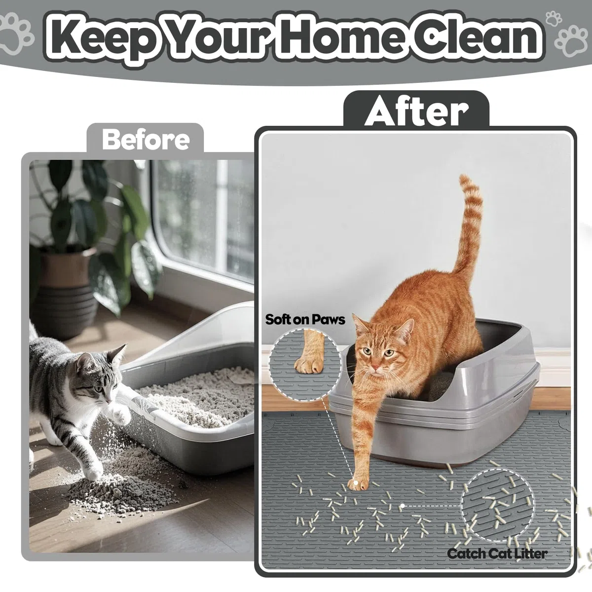 Tappetino Lettiera Gatto, Tappetino per lettiera per Gatti in silicone extra large 40 "x 28" per il controllo a dispersione, morbido su zampe di gattino, facile da pulire (Grigio scuro)
