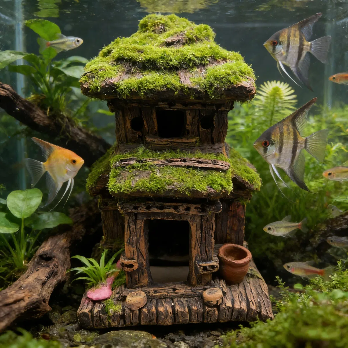 M2cbridge Decorazione per acquario, casetta per pesci Betta con muschio verde realistico (stile 3)