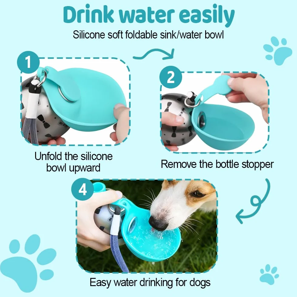 Borraccia portatile per animali domestici, 285ml borraccia compatta in acciaio inossidabile per cani, ciotola da viaggio a prova di perdite per gatti con ciotola pieghevole in silicone per passeggiate