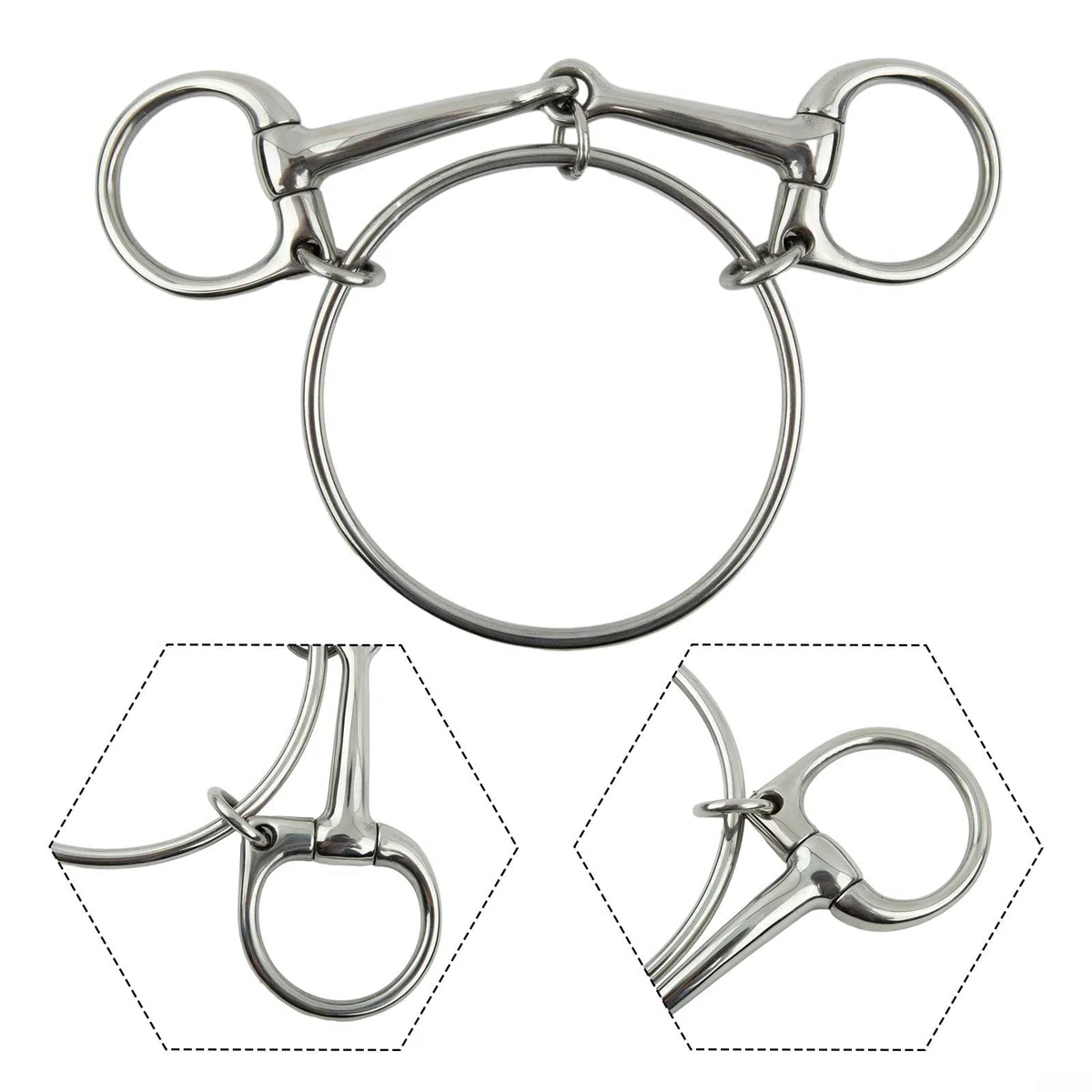 Morso per cavallo a mezza guancia realizzato in acciaio inossidabile con finitura liscia e punti di fissaggio funzionali ad anello