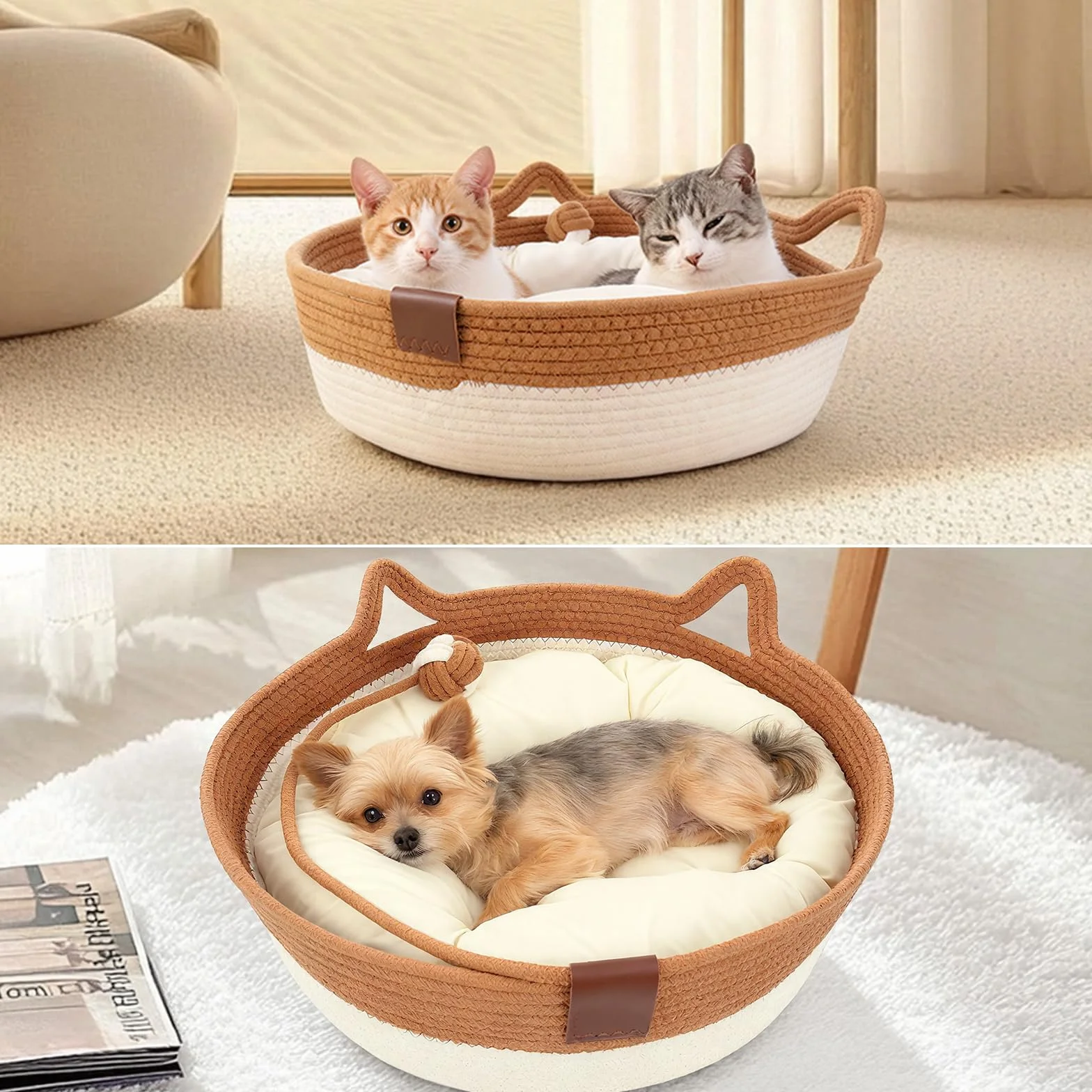 Zocipro Letto per Gatti in Corda di Cotone con Cuscino, 46x46x16 cm Grande Cuccia Rotonda Lavabile con Pallina Giocattolo in Corda di Cotone