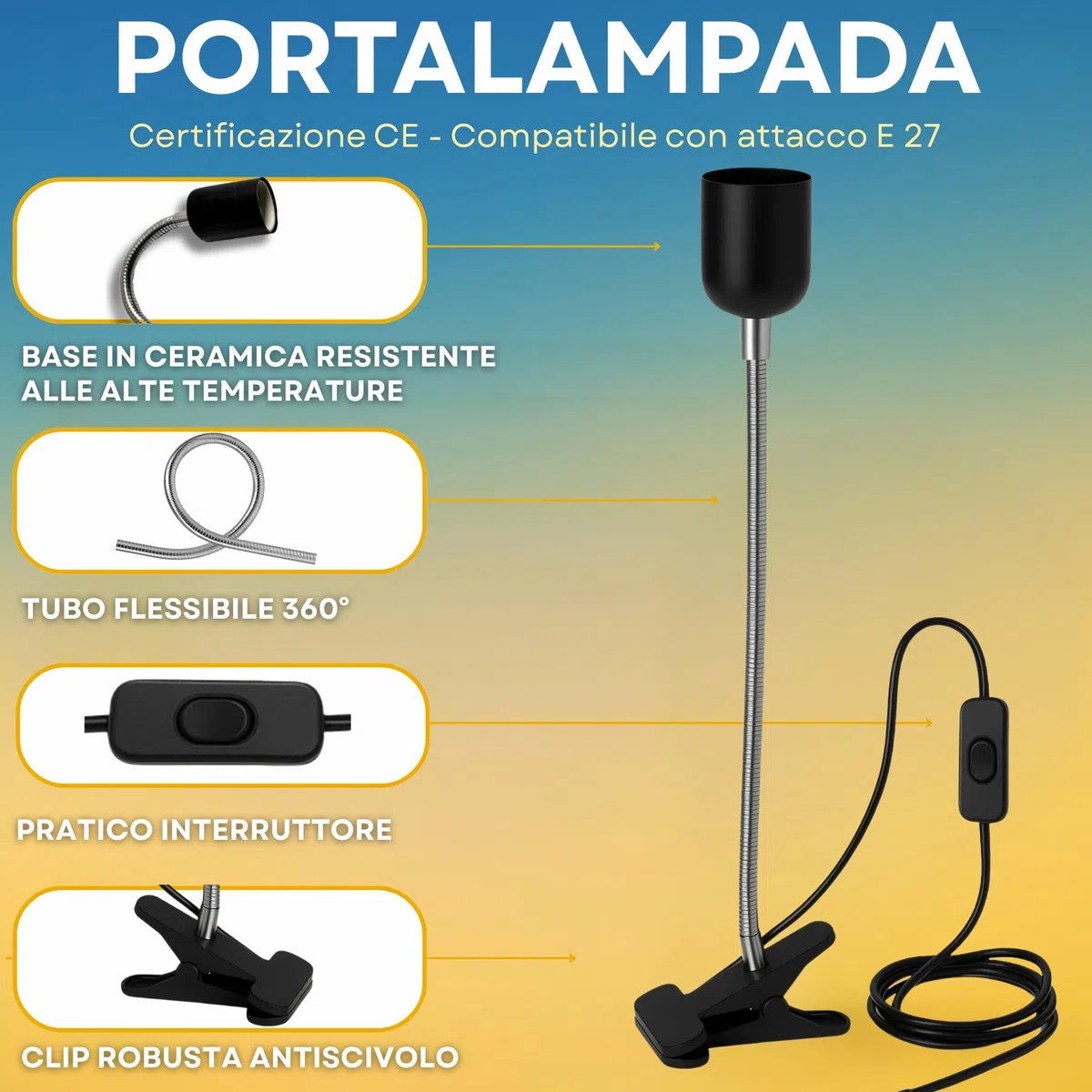 Lampada UVB rettili 13 W 5.0 + Portalampada Con Pinza e Interruttore kit Completo Per Tartarughe da terra e Piccoli Animali Lucertole Iguana Camaleonti Pogone Varani ecc..Pet Tribe