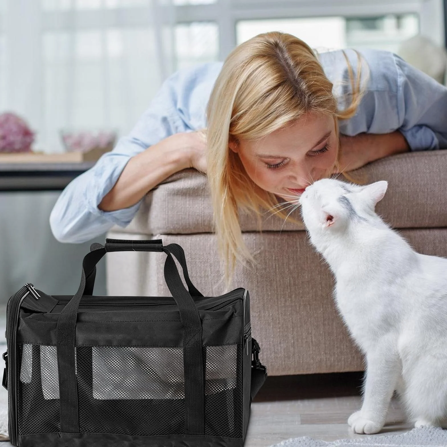 Trasportino per gatti pieghevole: borsa per gatti traspirante con ciotola per acqua portatile, pieghevole, trasportino per cani con tracolla, 42 x 27 x 28 cm